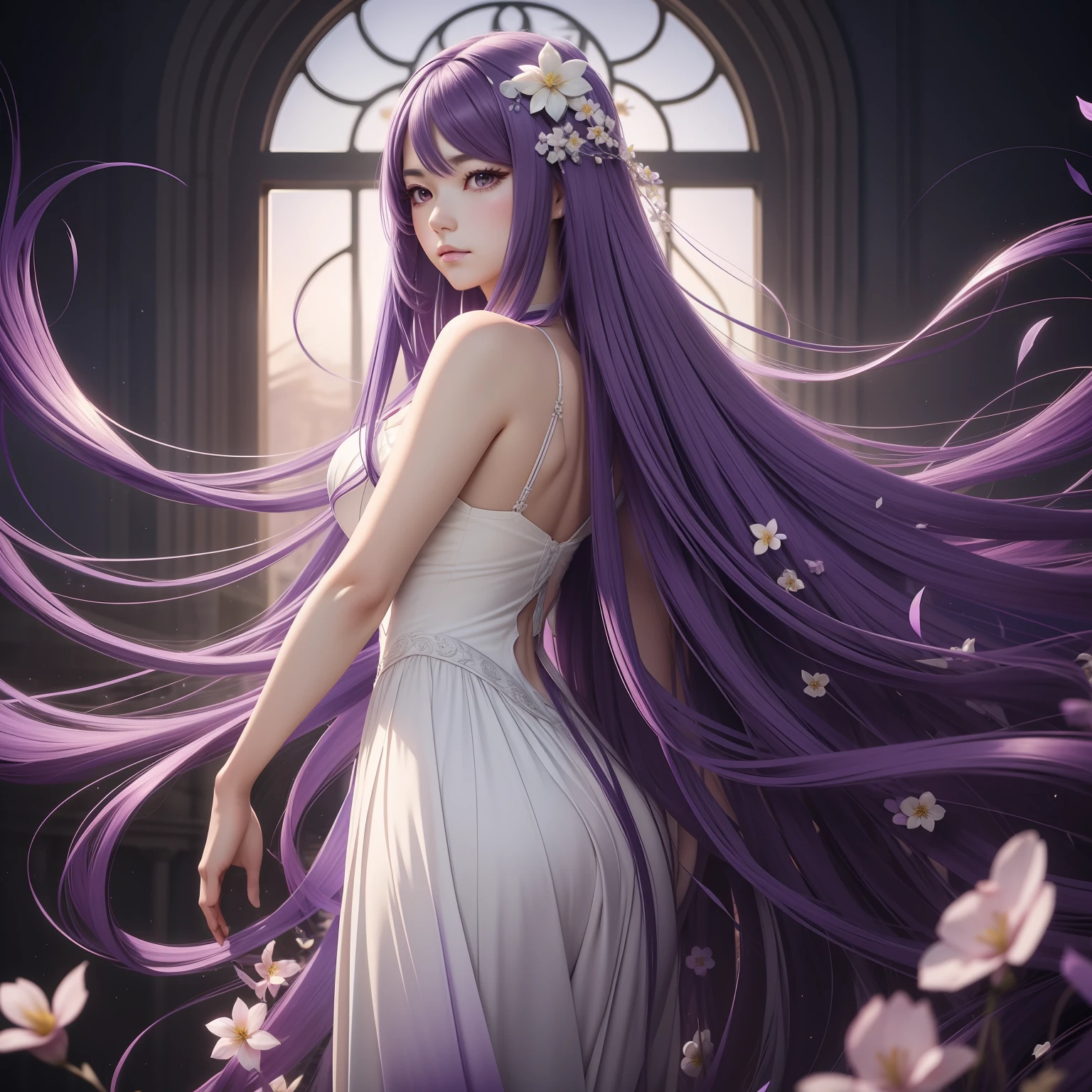 Delicate full-length images, Long hair, Hair Flower, Head Leasing, gradient_hitomi, longeyelashes, Tsurime, wince, eyebrows behind hair, Purple hair, Floating hair,length hair, animesque, One-person viewpoint, neo-classical, renaissance, in 8K, hight resolution, Best Quality