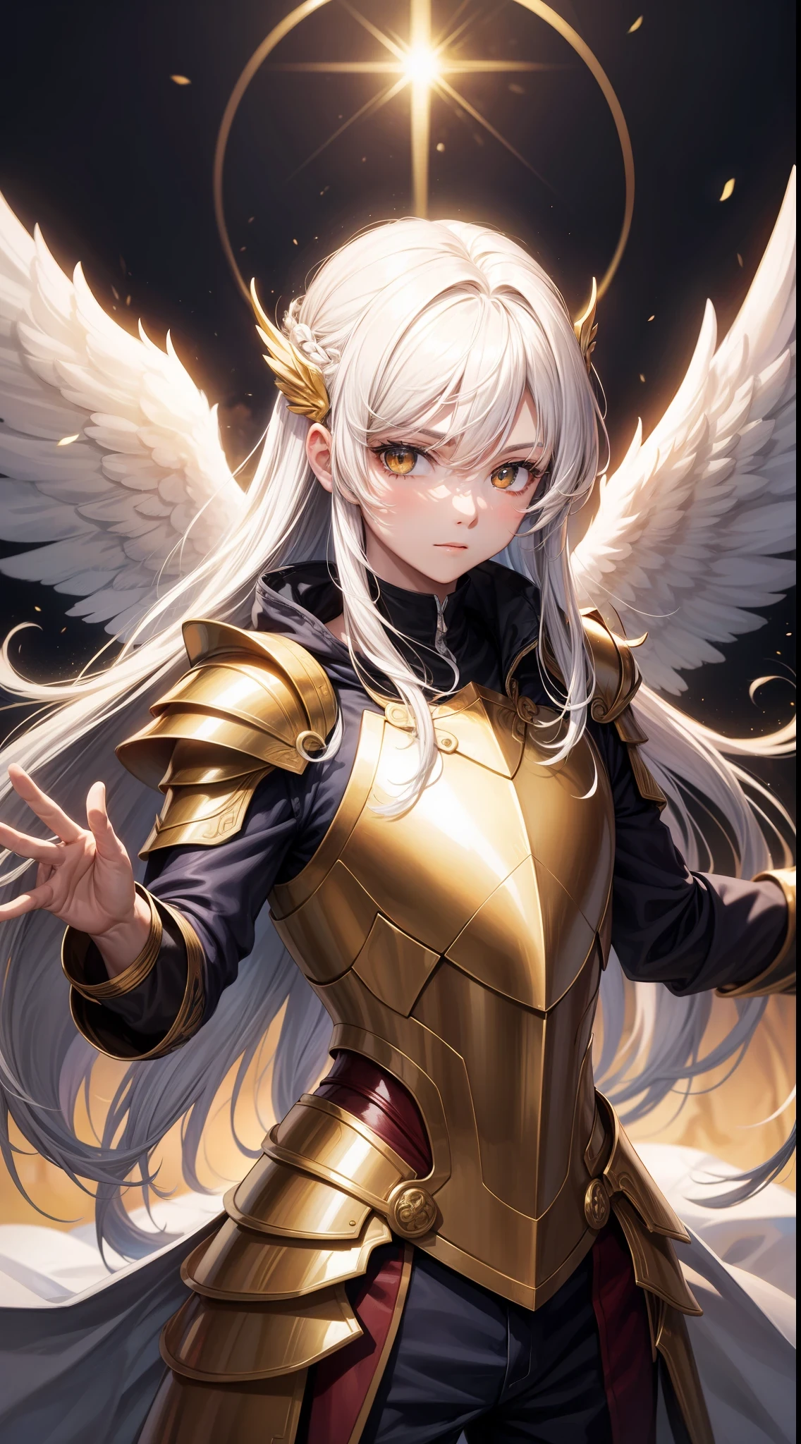 Grown-up guy, Long white hair, golden eyes, Angel Armor, open arms, Masterpiece, hiquality