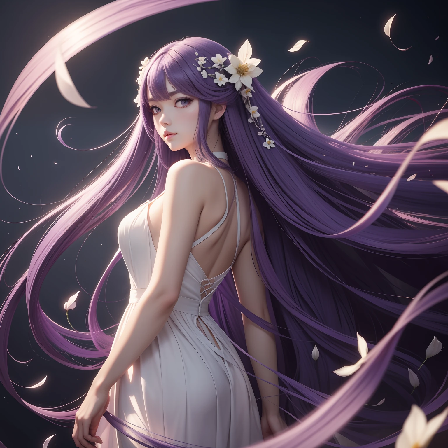 Delicate full-length images, Long hair, Hair Flower, Head Leasing, gradient_hitomi, longeyelashes, Tsurime, wince, eyebrows behind hair, Purple hair, Floating hair,length hair, animesque, One-person viewpoint, neo-classical, renaissance, in 8K, hight resolution, Best Quality