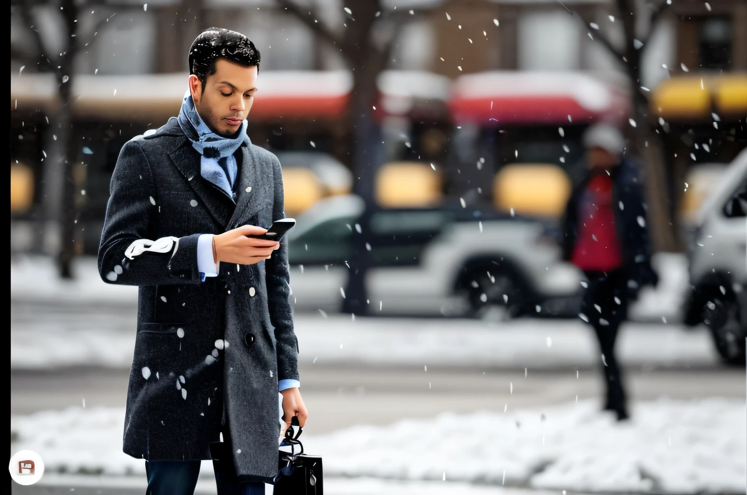 Araffe homem de casaco olhando para seu celular na neve, olhando para o telefone dele, Tempo frio, he is holding a smartphone, 4 0 9 6, homem andando pela cidade, pexels, holding a very advance phone, bem - vestido, tempo de neve, frio, fundo transparente, holds a smart phone in one hand