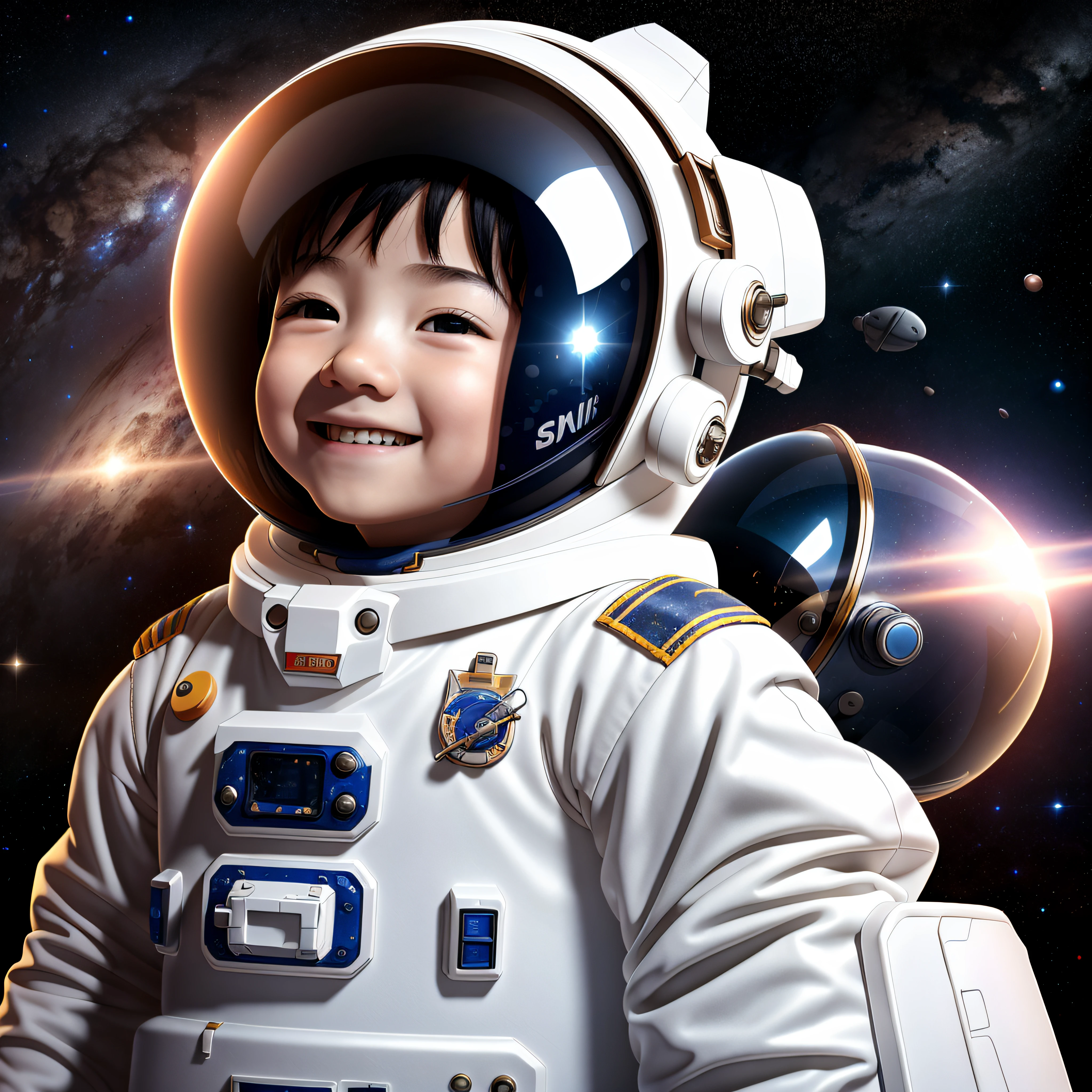 Little boy in a spacesuit，Look up at 45 degrees，ssmile，Highest image quality，Outstanding details，超高分辨率，Favor the details