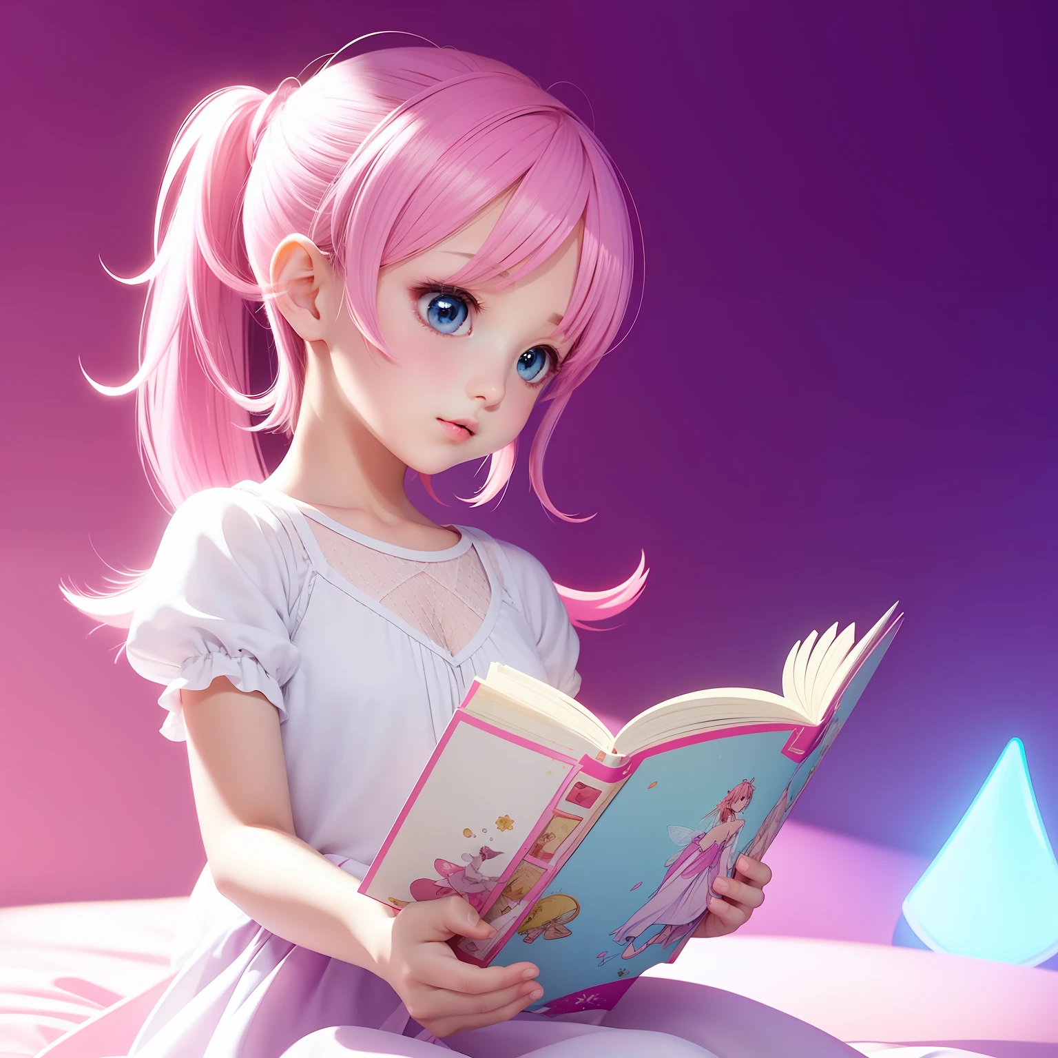 A little fairy who loves to read,Dressed in a bright white shirt,Lip color pink,with soft colors,Featuring punk aurora anime illustrations、Animated GIFs、hand-drawn animation、romanticism lain,Flat style,White background,AR 1:1 aspect ratio,The color gamut is Niji 5,Highly expressive effect,S value 50。 --auto