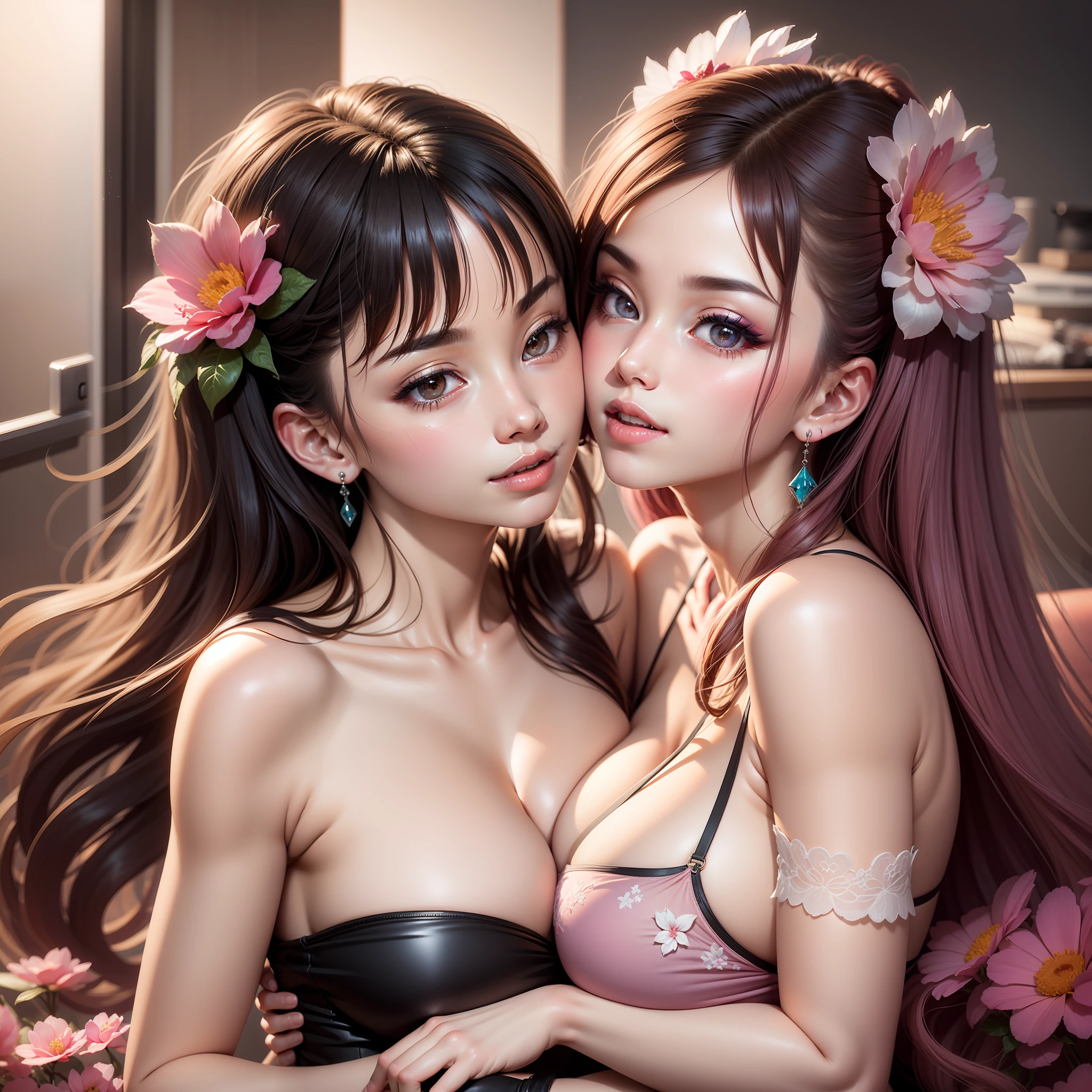 Best quality,Amazing,Masterpiece,Delicate,超高分辨率,Ultra detailed,intricately details,Beautiful detailed,8K resolution,(Extremely detailed Cg Unity 8K wallpaper),Sharp focus,((No text)),breast conscious,gigantic cleavage breasts,Areola Slip,Covered,Bursting breasts,Lively breasts,framed breasts,High transparency and transparency of sliding bikinis，，Tongue stock,Makeup,Happy,Reflectors,ahegao,Pink eyes,Heart earrings,2girls,Female pervert,view the viewer,hair flower,Long hair,multicolored hair,Shiny hair,Barefoot,Bottomless,Thick thighs,Bare legs,Look at each other from the front、((Feminine kiss))、(((French kiss for women)))、Women hugging each other，As if pushing each other、Staring at each other、Moist eyes、half-open lips、Beautiful、Red blush(0.2)、Functional、seductiv、Trance、instigate、Beauty、bustup、Shunguang、、Shoot diagonally down from the front、precise drawing、Detailed drawing、Precise anatomy、