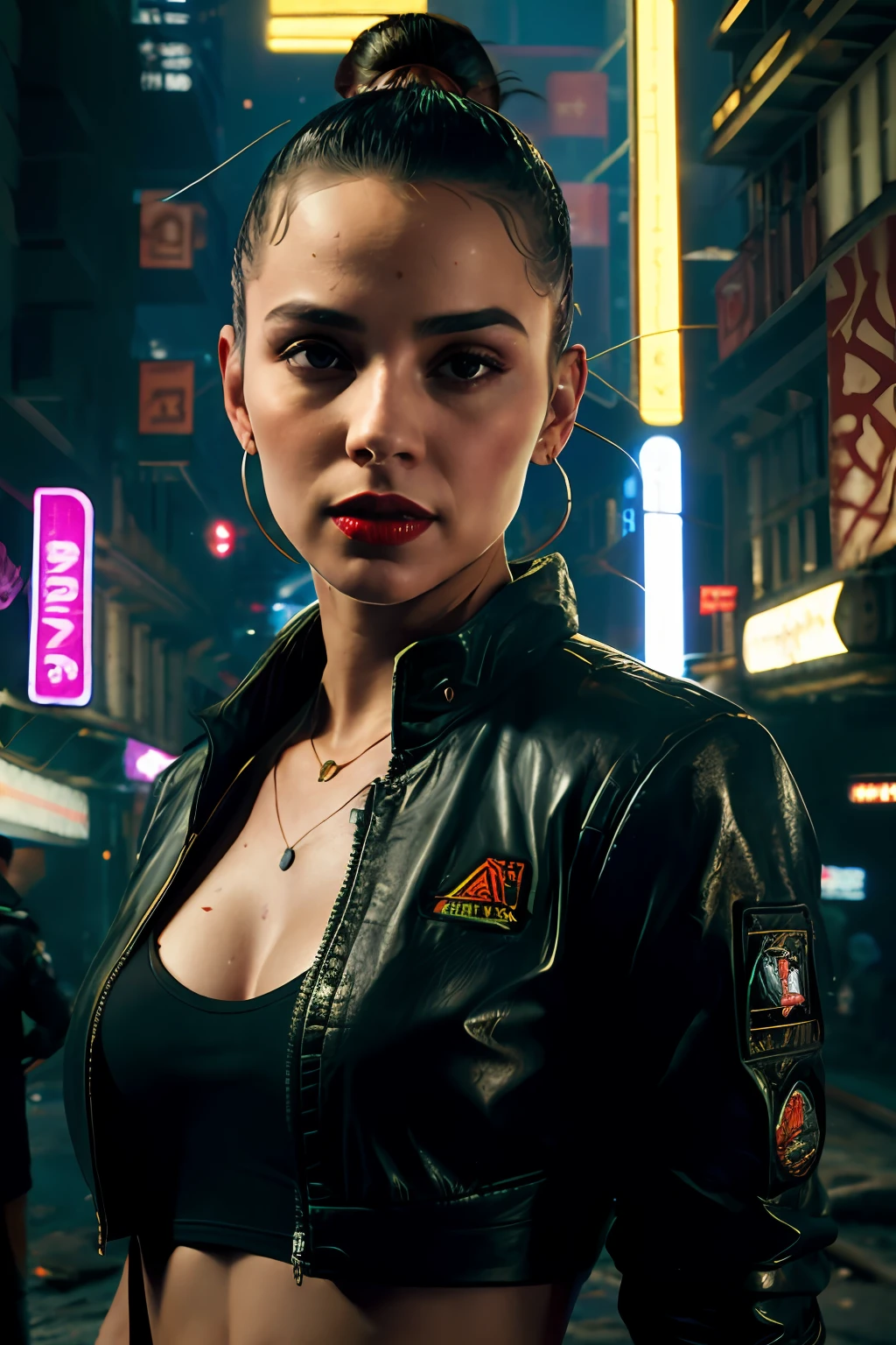Close-up, uma supermodelo muito bonita, blonde, com quadris muito largos e cintura estreita, full lips, cintura pequena e quadris grandes, Red lipstick, com roupas cyberpunk em uma cidade cyberpunk movimentada com placas de neon, neon lights, foco nítido, Studio photo, detalhes intrincados, altamente detalhado, profundidade de campo, foco nítido, High detail, textura de pele realista, Realistic, fotorrealista, arte digital, pintura fosca, Directed by: Greg Rutkowski