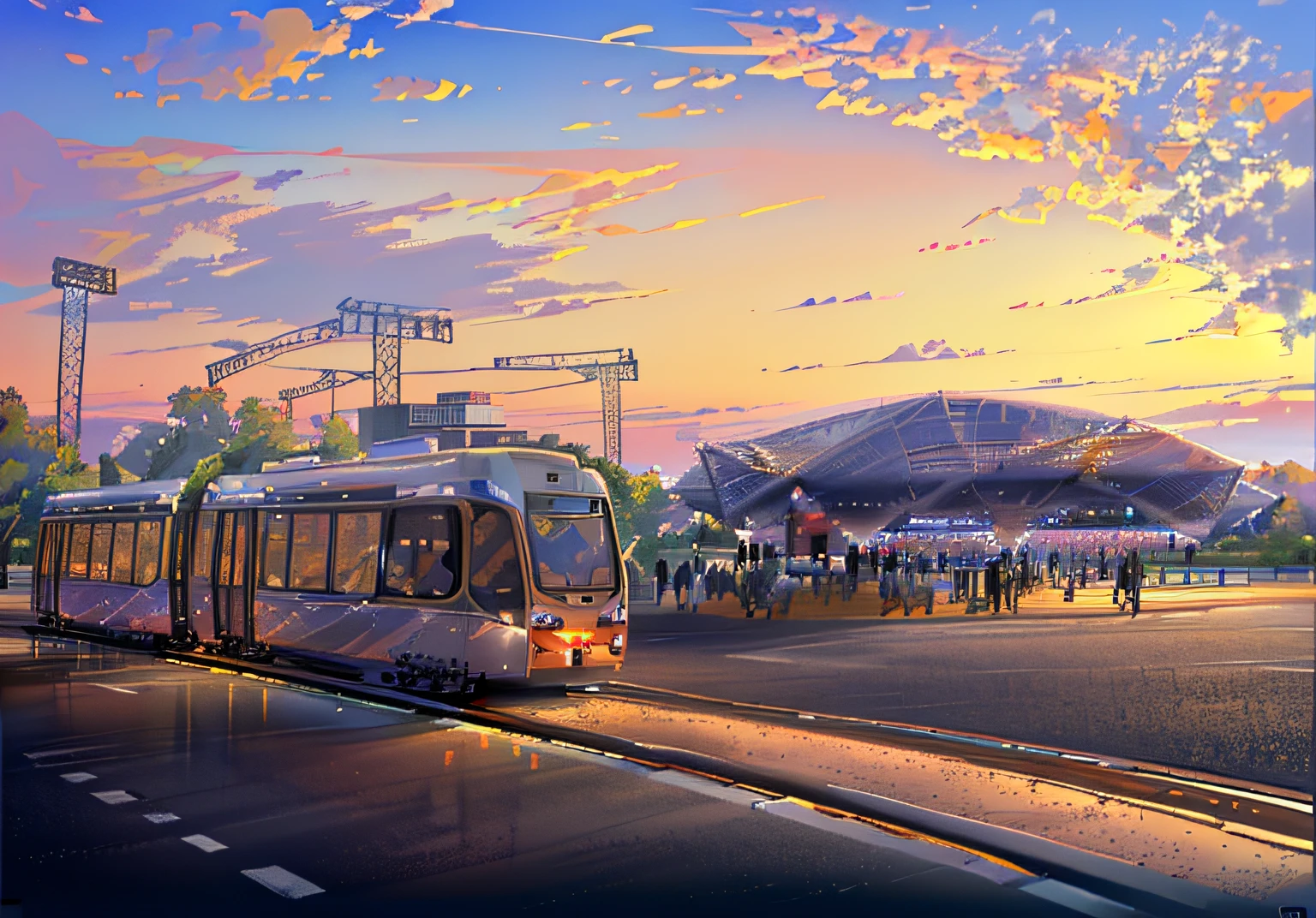 Train on tracks with crowds in the background, Light Rail Transit,Stadium in the back,Clear sky,Photorealsitic