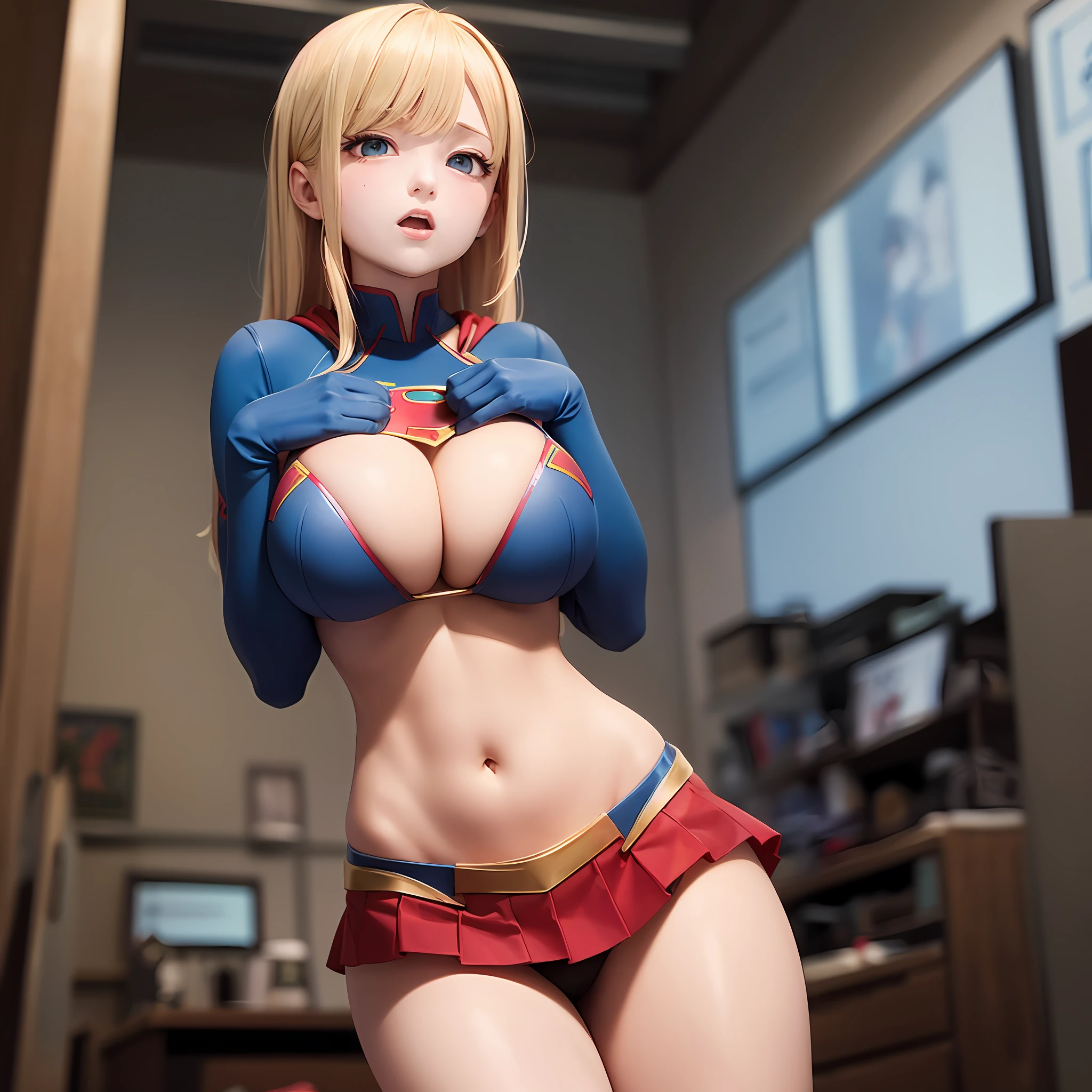 Big breasts Thin waist,low angles, Half-naked,The body is open,Supergirl,Damaged clothes,lifting up skirt,huge tit,ruin background,coiffed blonde hair,makes a pleading face --auto