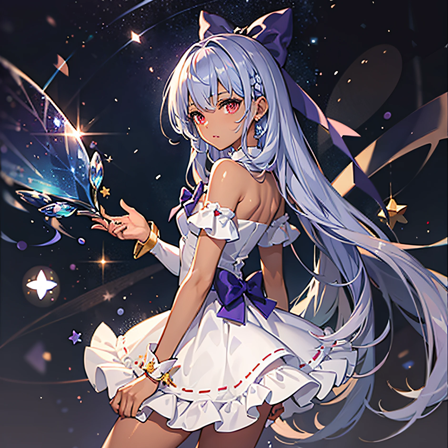 masterpiece,magical girl, dark skin, clean skin, purple hair, red eyes, adult, bow with stars, bow with stars on back of dress, short skirt, high quality,