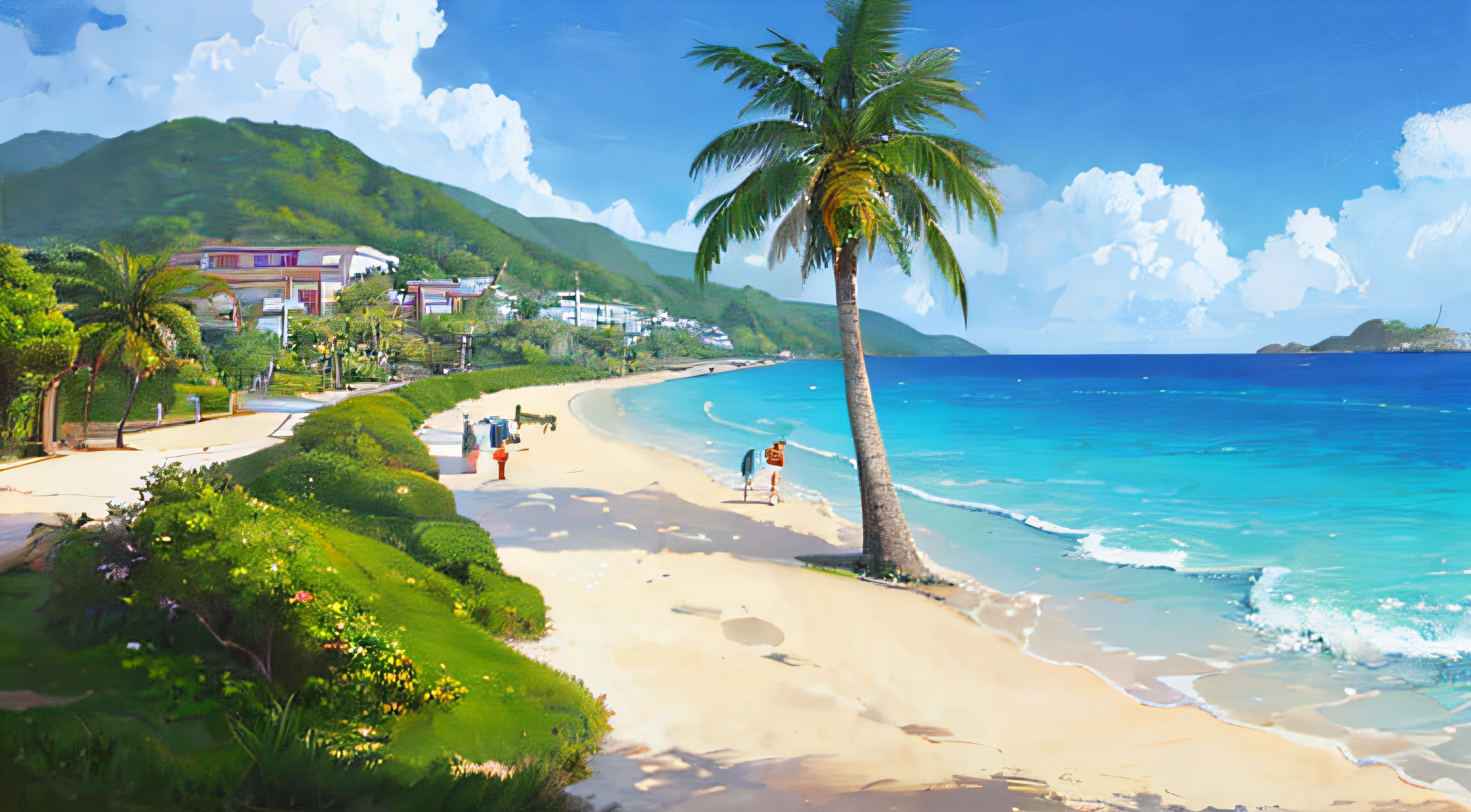 (((Best Quality))), high saturation, Clear, reasonable structure, Cartoon style, architecture, Seafront, Double, hut, palm tree, sand, the ocean, seagull, sky, Sunny day, Fantasy, no_humans, Outdoor, Landscape, Real, beautiful and amazing landscape oil painting Ghibli Studio Miyazaki’s tropical island with blue sea and sky, tropical island, coconut --v6