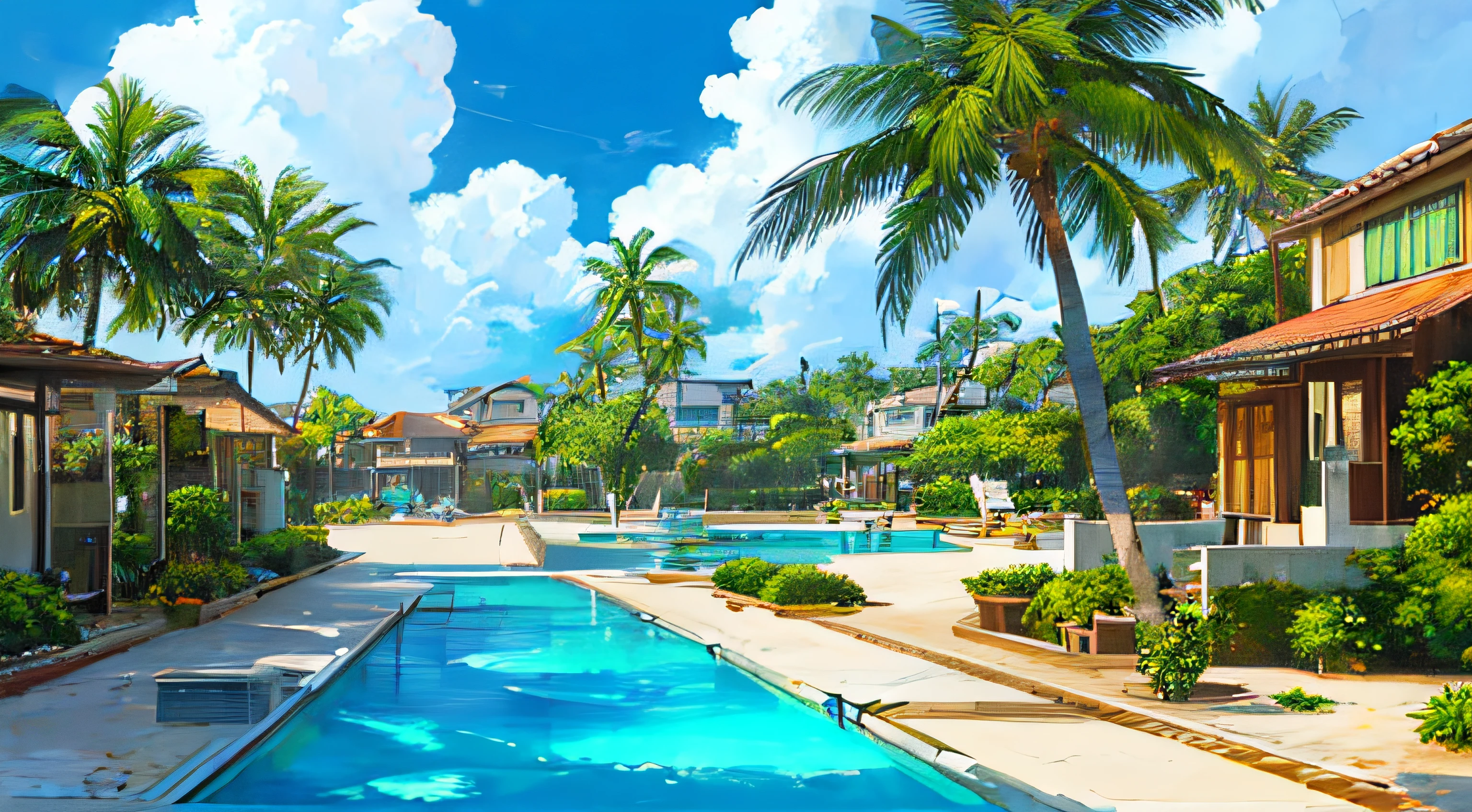 (((Best Quality))), high saturation, Clear, reasonable structure, Cartoon style, architecture, Seafront, Double, hut, palm tree, sand, the ocean, seagull, sky, Sunny day, Fantasy, no_humans, Outdoor, Landscape, Real, beautiful and amazing landscape oil painting Ghibli Studio Miyazaki’s tropical island with blue sea and sky, tropical island, coconut --v6