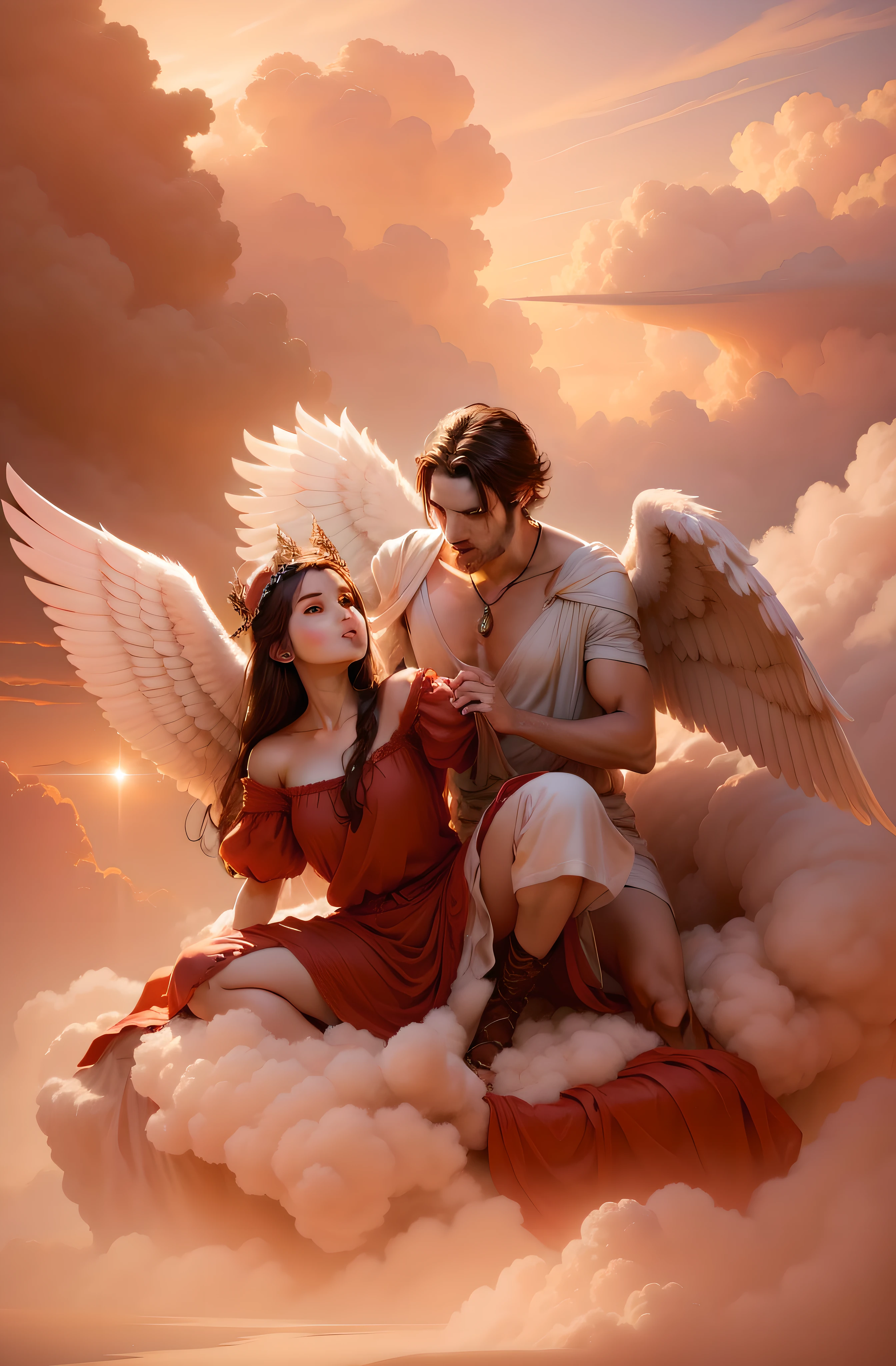 keep the same subject, just change the background, a man and a woman sitting on the clouds, the background is many small soft clouds in the light light pink, light upside down on the subject, bright light at the end of the horizon, sunset sun, a couple of lovers, photo from a promotional photo shoot, angel protecting women, woman in red dress, angel themed photo, biblical exact god, angel themed, fantasy photography