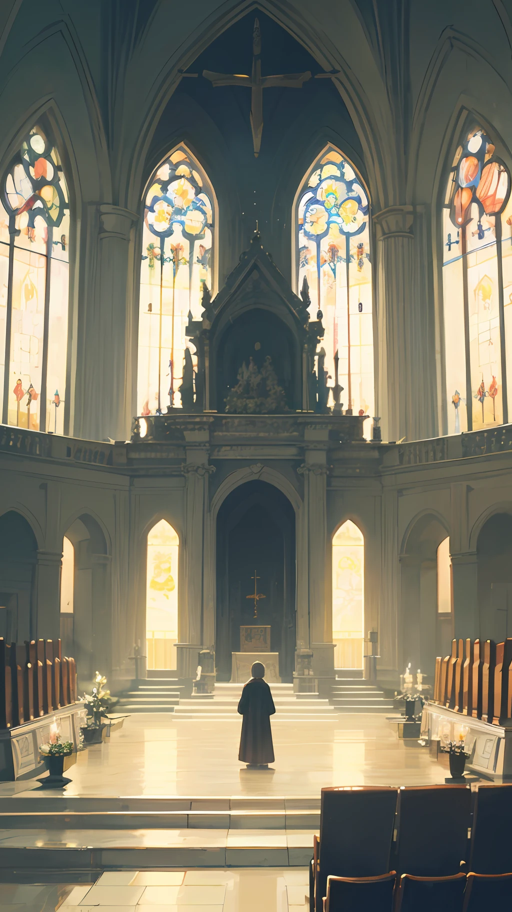 "A solemn funeral scene set in a dimly lit church. Capturing the somber and respectful atmosphere, the prompt calls for an emotional and poignant depiction of the sorrowful event. With a focus on the intricate details of the altar and the pews, the scene should feature a wide shot encompassing the entire space. The lighting should be subdued yet dramatic, with a heavy emphasis on shadows and highlights to emphasize the gravity of the occasion." --auto