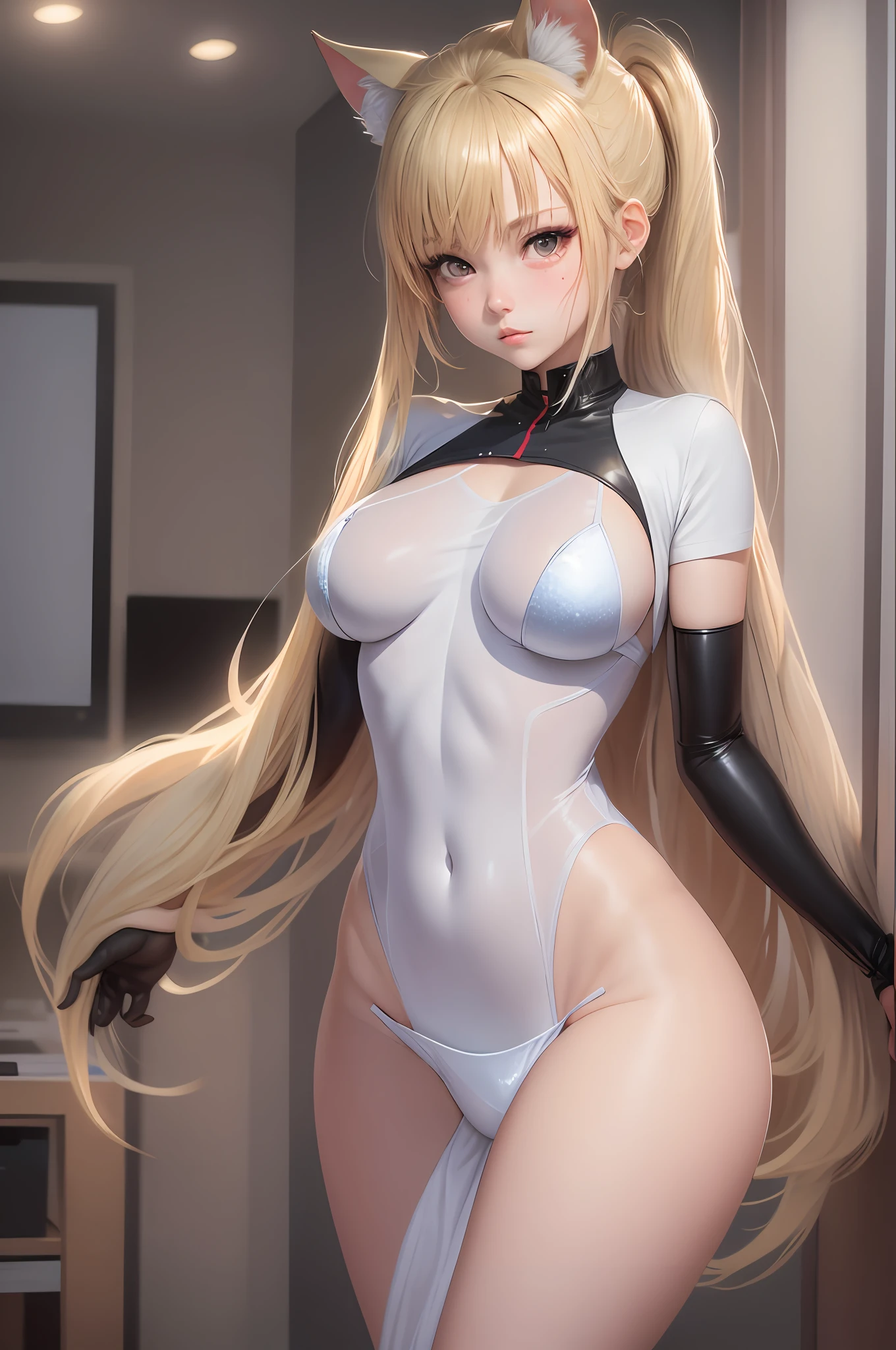 Black hair, Blonde hair, pony tails, Very long hair, Upturned eyes, kemonomimi mode, Blush, Tsundere, mediuml breasts, Young age, surrealism, Anime, Sparkle, viewfinder, first person perspective, Sony FE GM, 8K, Super detail, Anatomically correct, Textured skin, Textured skin, Super detail, Best quality, A high resolution, High details, 16k, High details, High quality, Anatomically correct,white bed sheet,Nurse's uniform,blackstockings,Lie in place