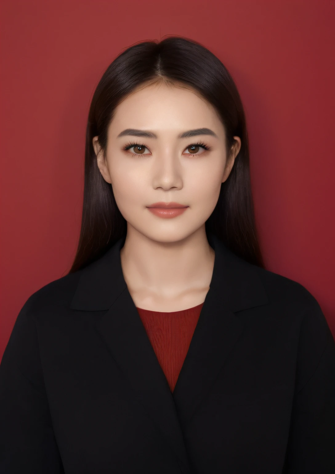 "(Ultra HD ID photo, fundo vermelho, The contours of the face are visibly symmetrical, light make-up, Straighten your hairstyle, staring right into camera), minimalistic composition, Skin is smooth and clear". --auto