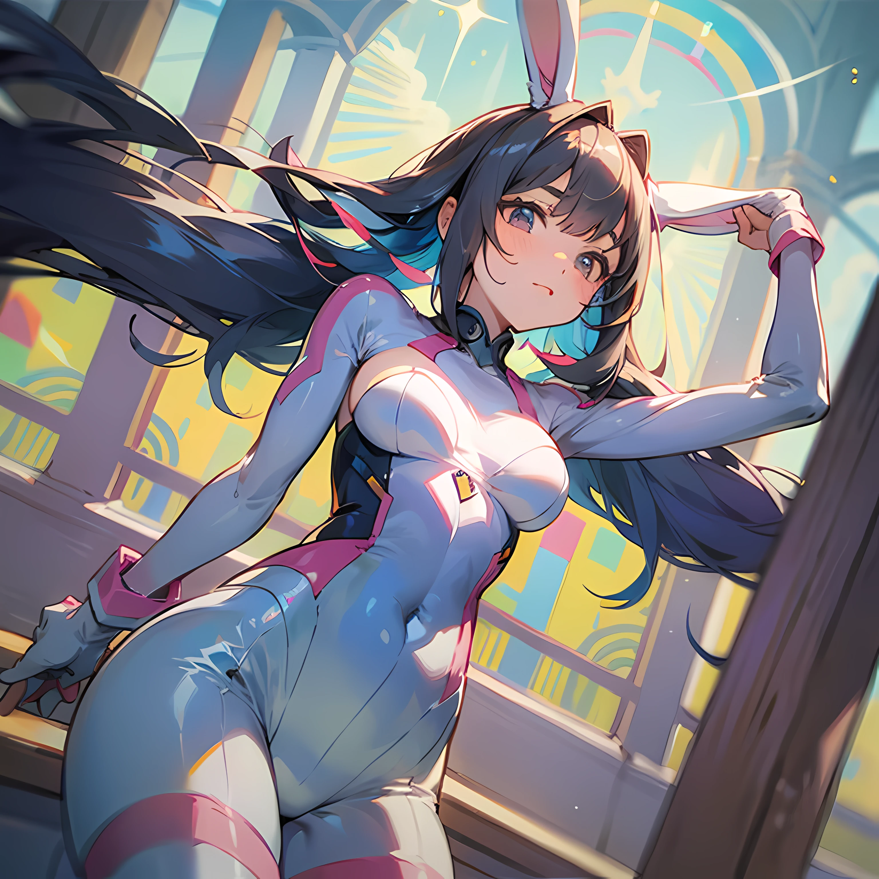 masterpiece, best quality, standing, from below,
arms up, bunnysuit, bunny ears,