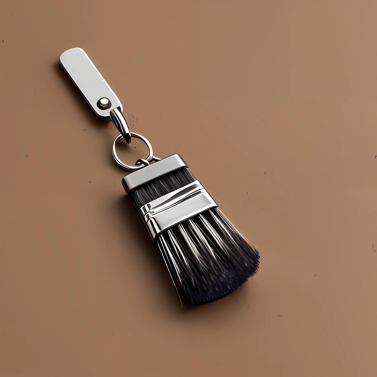 There is a brush with a metal handle on the brown surface, fine brushworrk, With lid, detailed product image, Thick brush, brush, paint brushes, extremely detailed brush, big brush, highly detailed product photo, holding brush, brush, Ink brush, Z brush, washy brush, miniature product photo, soft brush