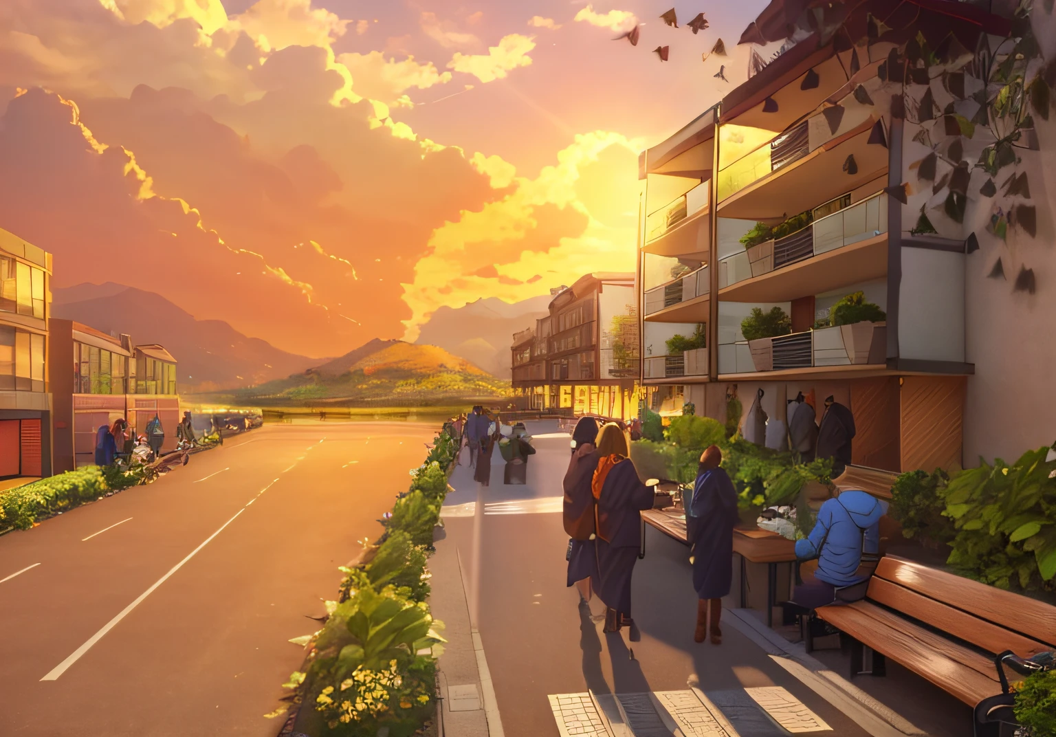 Sunnyday,a person々Sitting on a bench walking street,Urban apartment,revegetation,Mountains in the center,a lot of people々,bustle,Photorealsitic