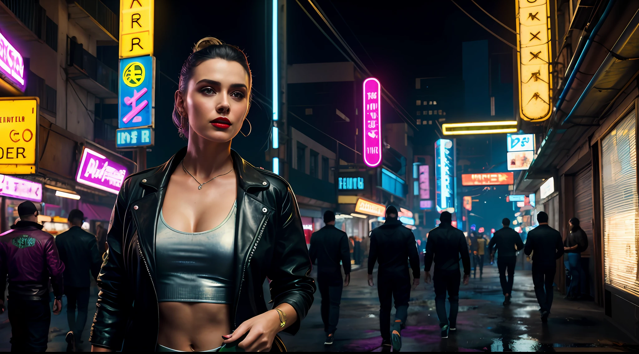 Close-up, uma supermodelo muito bonita, blonde, com quadris muito largos e cintura estreita, full lips, cintura pequena e quadris grandes, Red lipstick, com roupas cyberpunk em uma cidade cyberpunk movimentada com placas de neon, blade runner aesthetics, neon lights, foco nítido, Studio photo, detalhes intrincados, altamente detalhado, profundidade de campo, foco nítido, High detail, textura de pele realista, Realistic, fotorrealista, arte digital, pintura fosca, Directed by: Greg Rutkowski