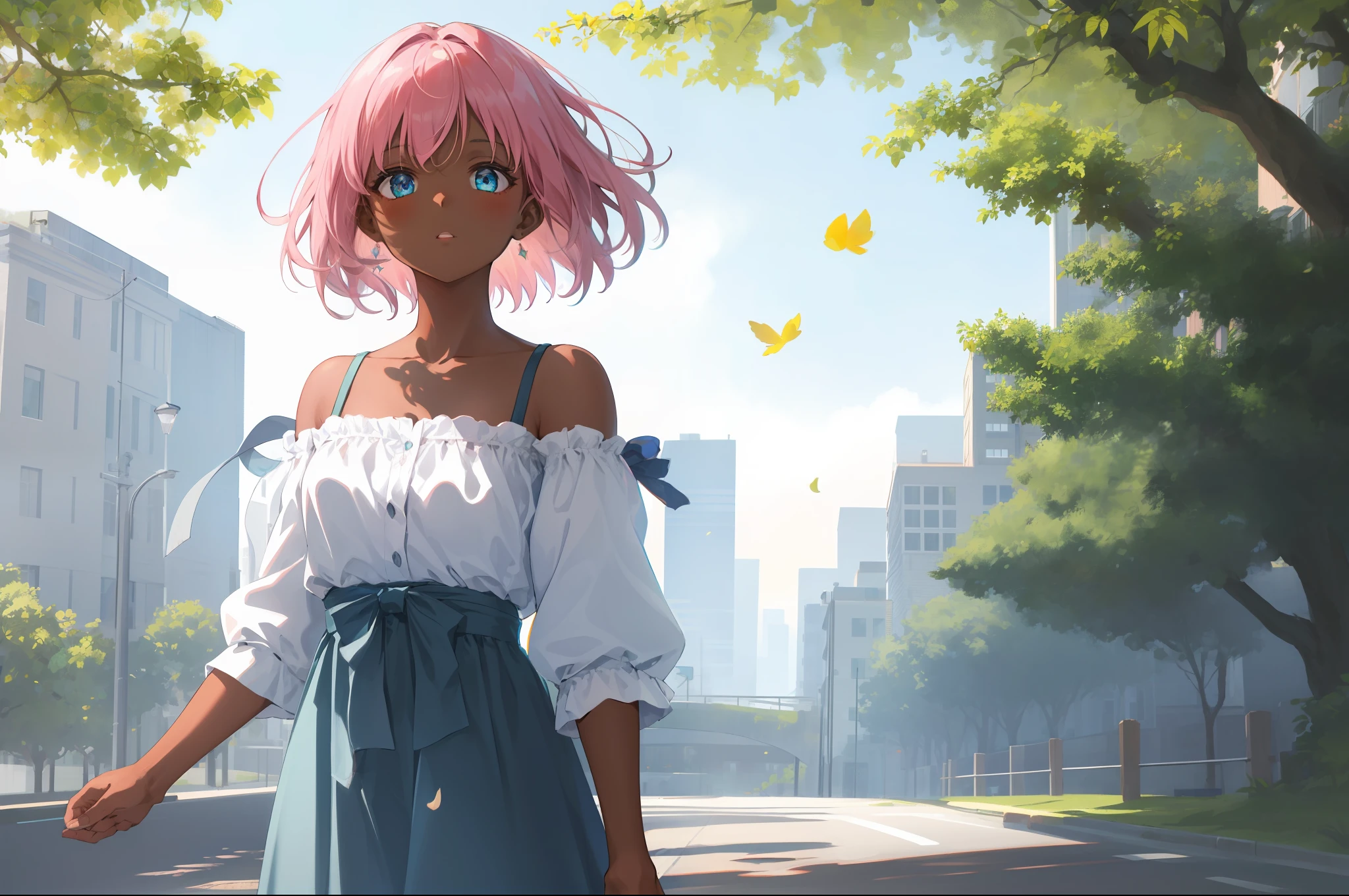 1girl, collarbone, masterpiece, best quality, extremely detailed 8K wallpaper, dark skin tone, ultra detailed, volumetric lighting, best anatomy, detailed blue eyes, beautiful eyes, best shadow, ultra detailed, sunny day, city, green hills , wind, pink leaves flying, road, 1990s_(style), short straight hair