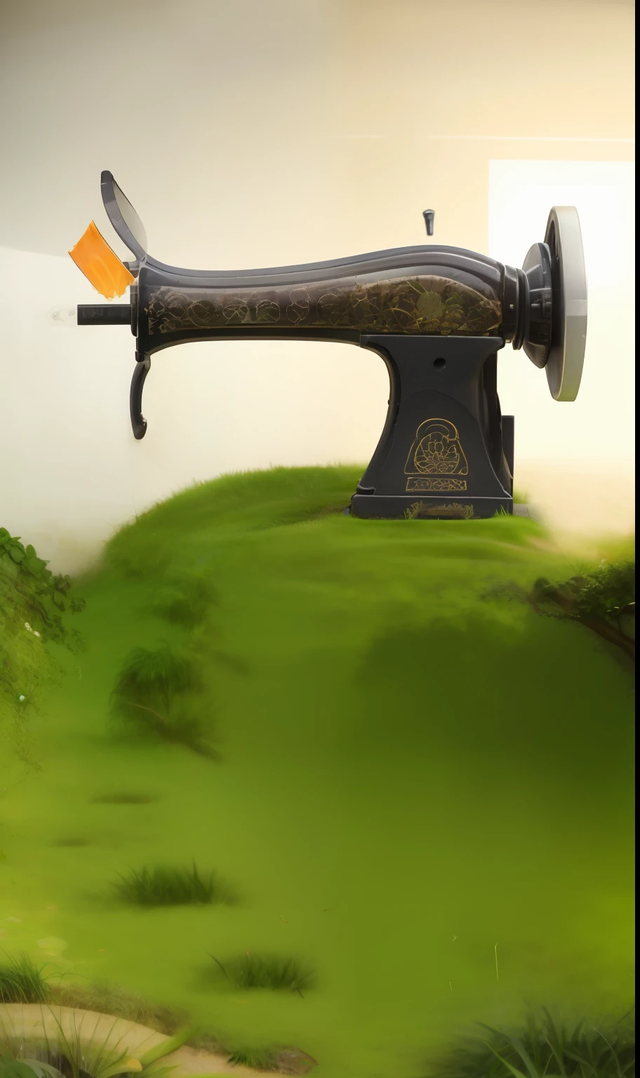 On the green grass sits a sewing machine, Machine, ,A piece of green cloth,There is grass on the cloth,Garden modeling