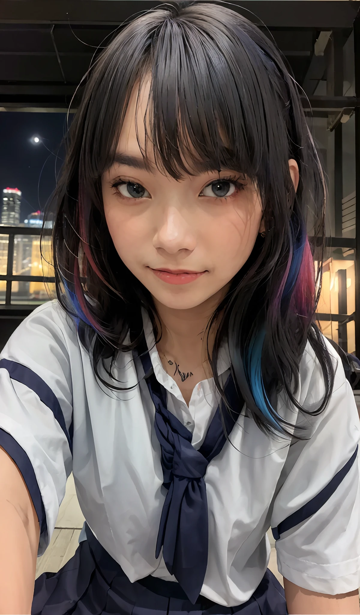(extremely detailed CG portrait,masterpiece, best quality),(vibrant hair-colorful hair:1.2),(pretty school uniform),(beautiful eyes),(night view),(city lights),(full body tattoo),(dark background), indonesian face, indonesian vibes
