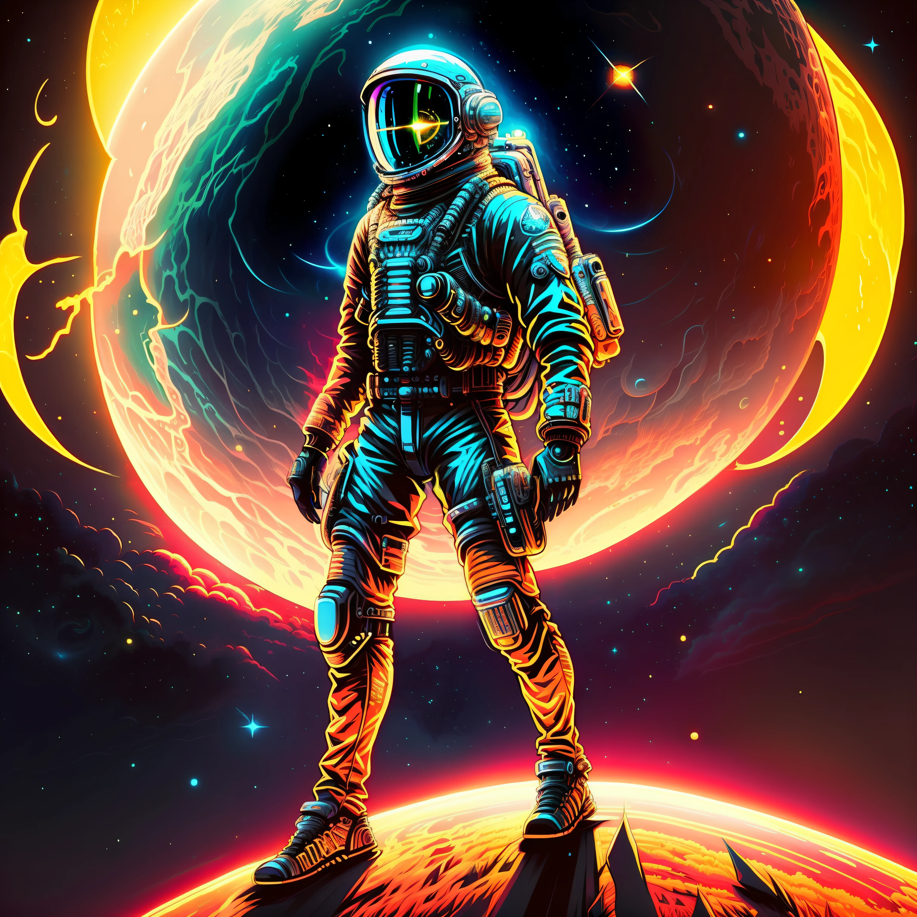 Astronauta parado en un planeta con un sol amarillo brillante en el fondo, Astronauta varado en el planeta, Astronauta perdido en el espacio liminal, Astronauta futurista, astronauta de pie mirando, Beeple y Tim Hildebrandt, style hybrid mix of beeple, con un traje espacial puesto, 3 D render beeple, Astronauta en el espacio, Llevar un traje espacial