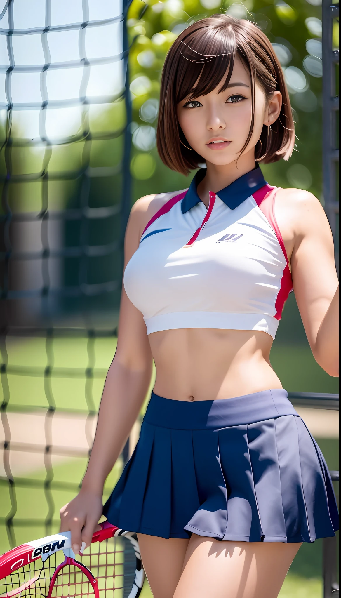 top-quality, Master masterpiece, alto_res, 1 rapariga, Beautiful face, photographrealistic, Rim lighting, (High detailed skin:1.2), 8K UHD, Digital SLR, hightquality, hight resolution, 4 k, 8K, bokeh feeling, hugetits, absurderes, Maximum ratio 4 fingers 1 thumb, Schoolgirl in the Japan of shortcuts、short-cut, Glossy fabric, Colossal tits、Navel dashi、Tennis Uniform Cosplay、chest protruded、Free Posing、Tennis Club Uniform Cosplay、Very beautiful legs、God Beautiful Legs、Tennis uniforms and rackets、Play games on the tennis court
