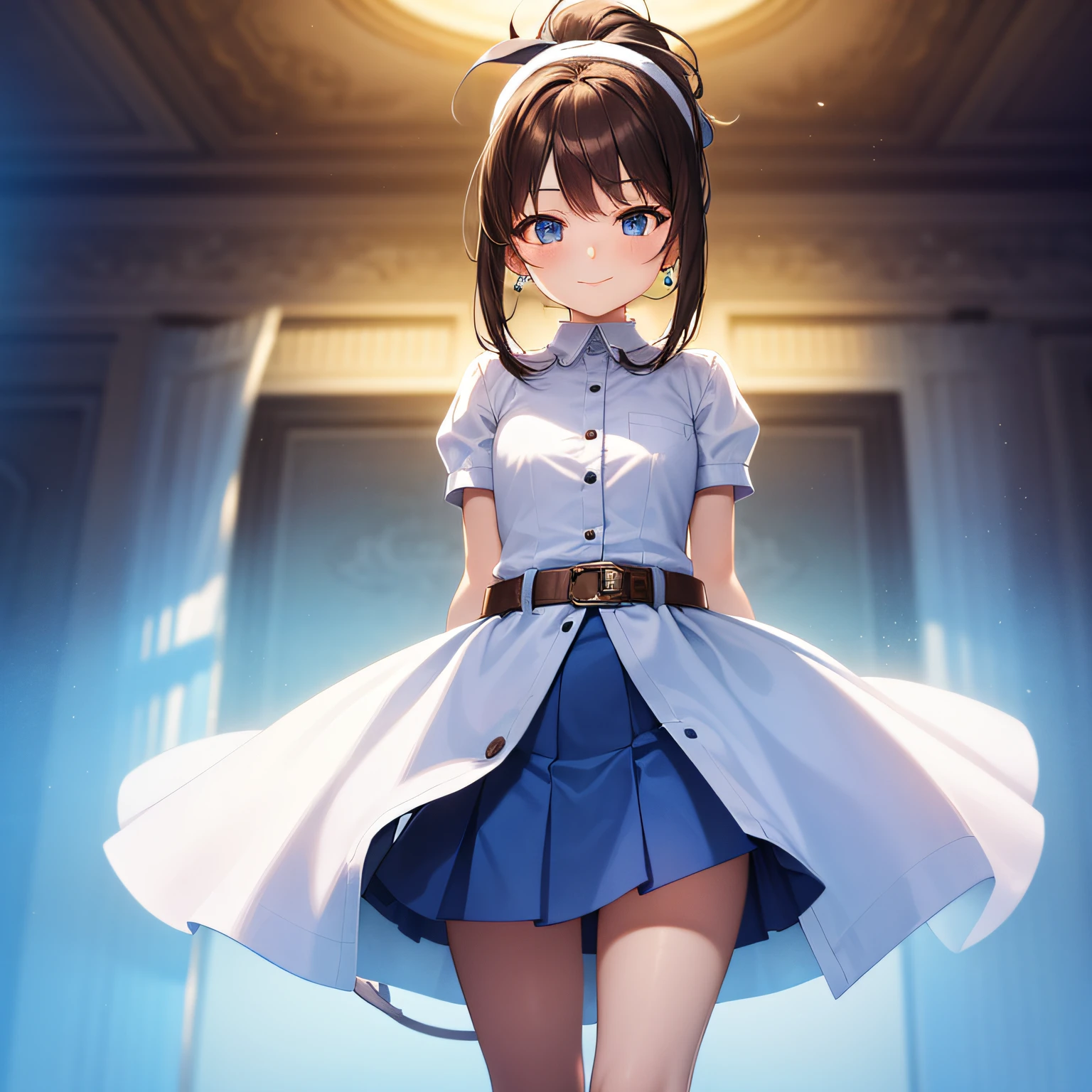 top quality, very delicate and beautiful, girl, 11 years old, (dark brown hair), blue clothes with vertical buttons, belt at the waist, white skirt, (ponytail)), (white hair band), (brown boots), blue eyes, standing, smile,