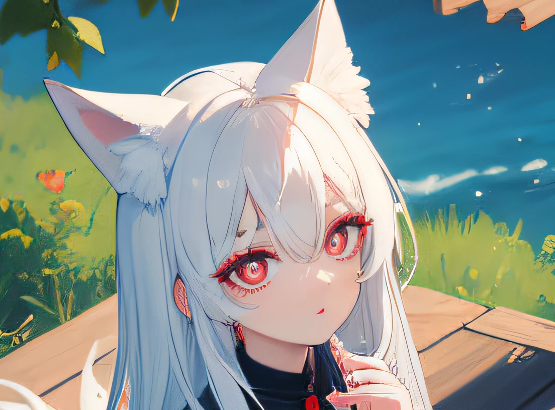 tmasterpiece,8K wallpapers,Girly face shape,Light red lips,Red Eyeshadow,Black eyelashes,red pupils,Vertical pupils,Eyeballs with exquisite details,White hair,Bangs slightly cover the eyes