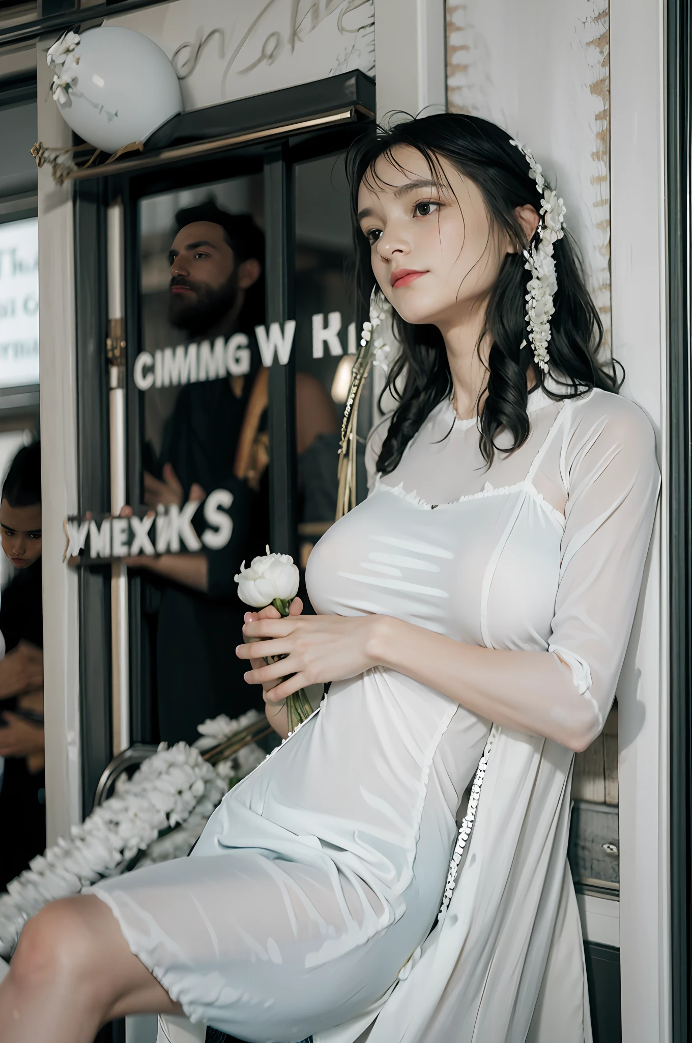 Hand holding white flower, soft smile,( huge breasts)