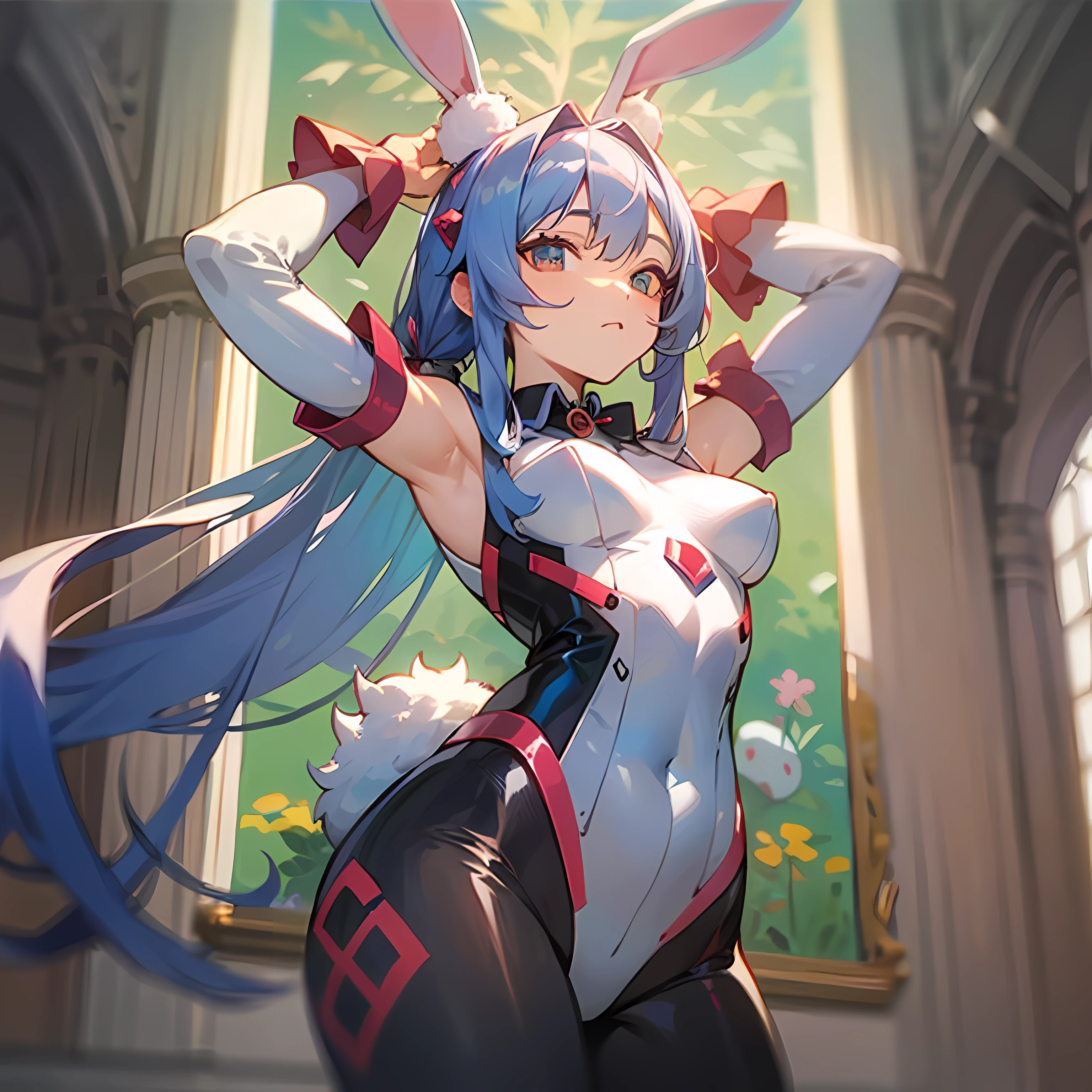 masterpiece, best quality, standing, from below,
arms up, bunnysuit, bunny ears,