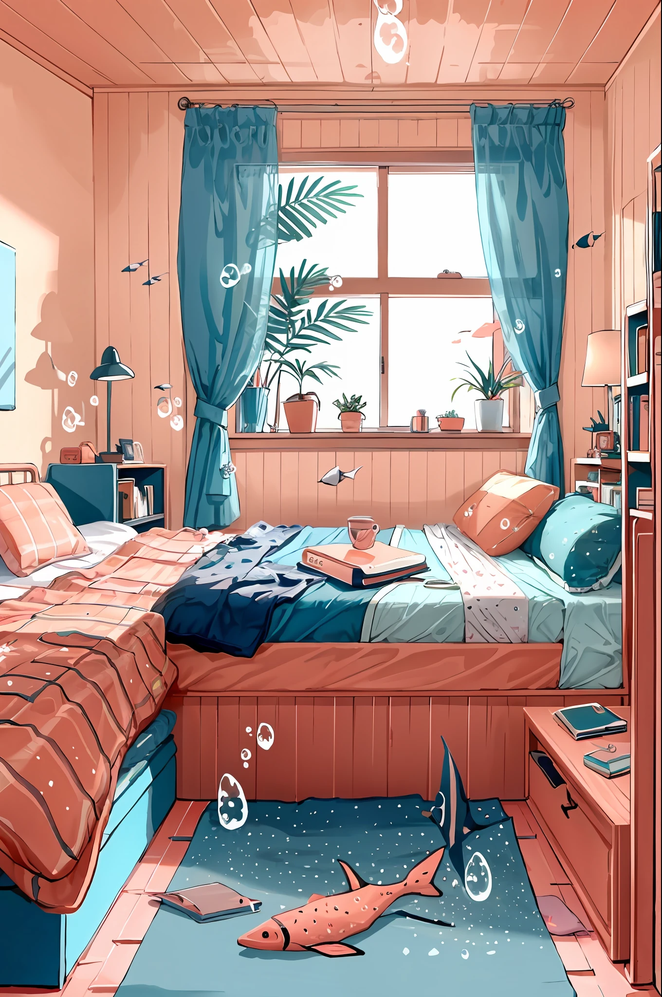 lineart, 
1girl, 独奏, black hair, holding, sitting, pony tail, Shorts, Indoors, pouch, a cup, book, Window, bed, chair, phone, stuffed toy, Scarecrow, plant, Curtains, instrument, a table, camisole, fish, bubble, undersea, watch, electric guitar, air bubble, bed room, shelf, calendar (object), coral, mint, lilac,Yellow,