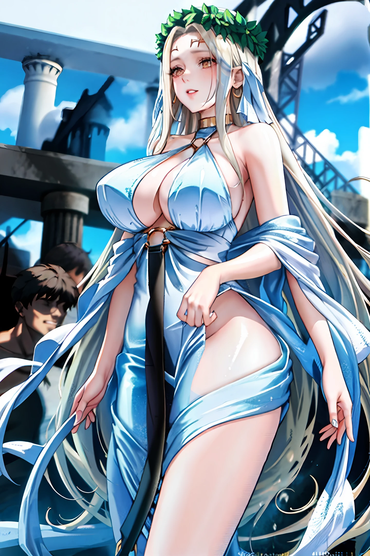 A woman with extra long hair，Raised sexy，White dress，Star face