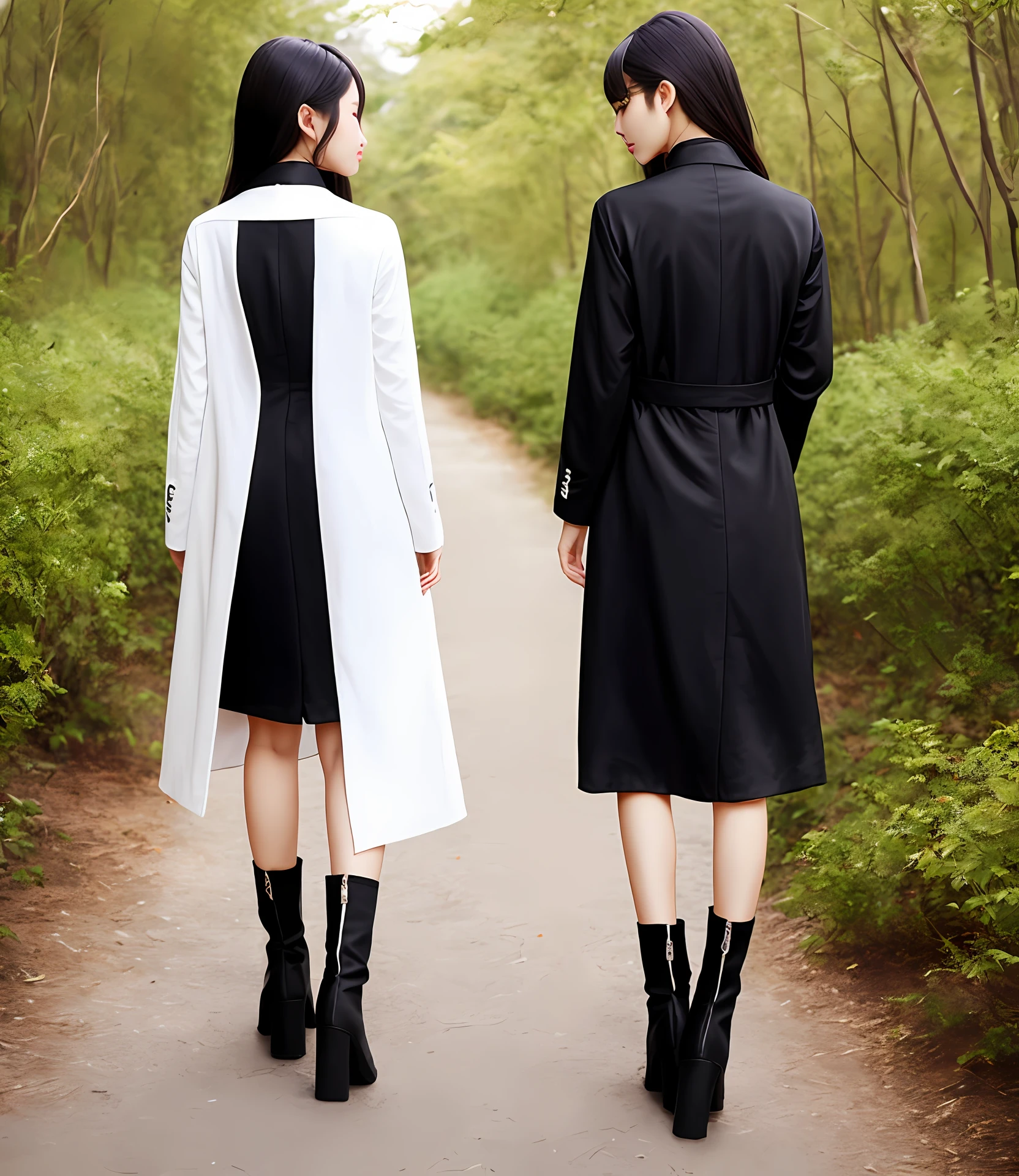 Women Black long straight White hairpin Red backless thin cotton coat Knee-length black silk Hiking boots Pear-shaped body The background is rich and beautiful