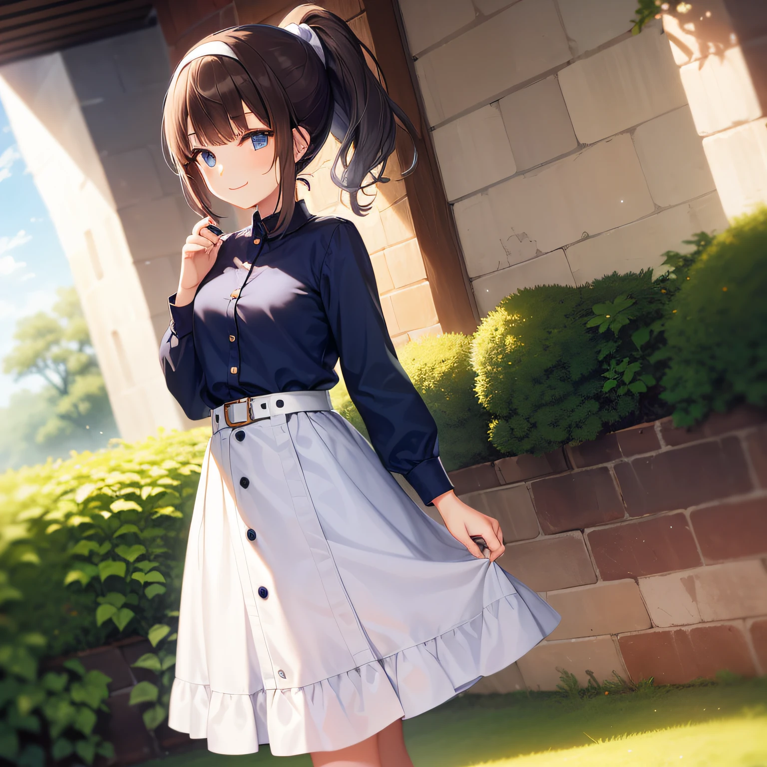 top quality, very delicate and beautiful, girl, 11 years old, (dark brown hair), blue clothes with vertical buttons, belt at the waist, white skirt, (ponytail)), (white hair band), (brown boots), blue eyes, standing, smile,