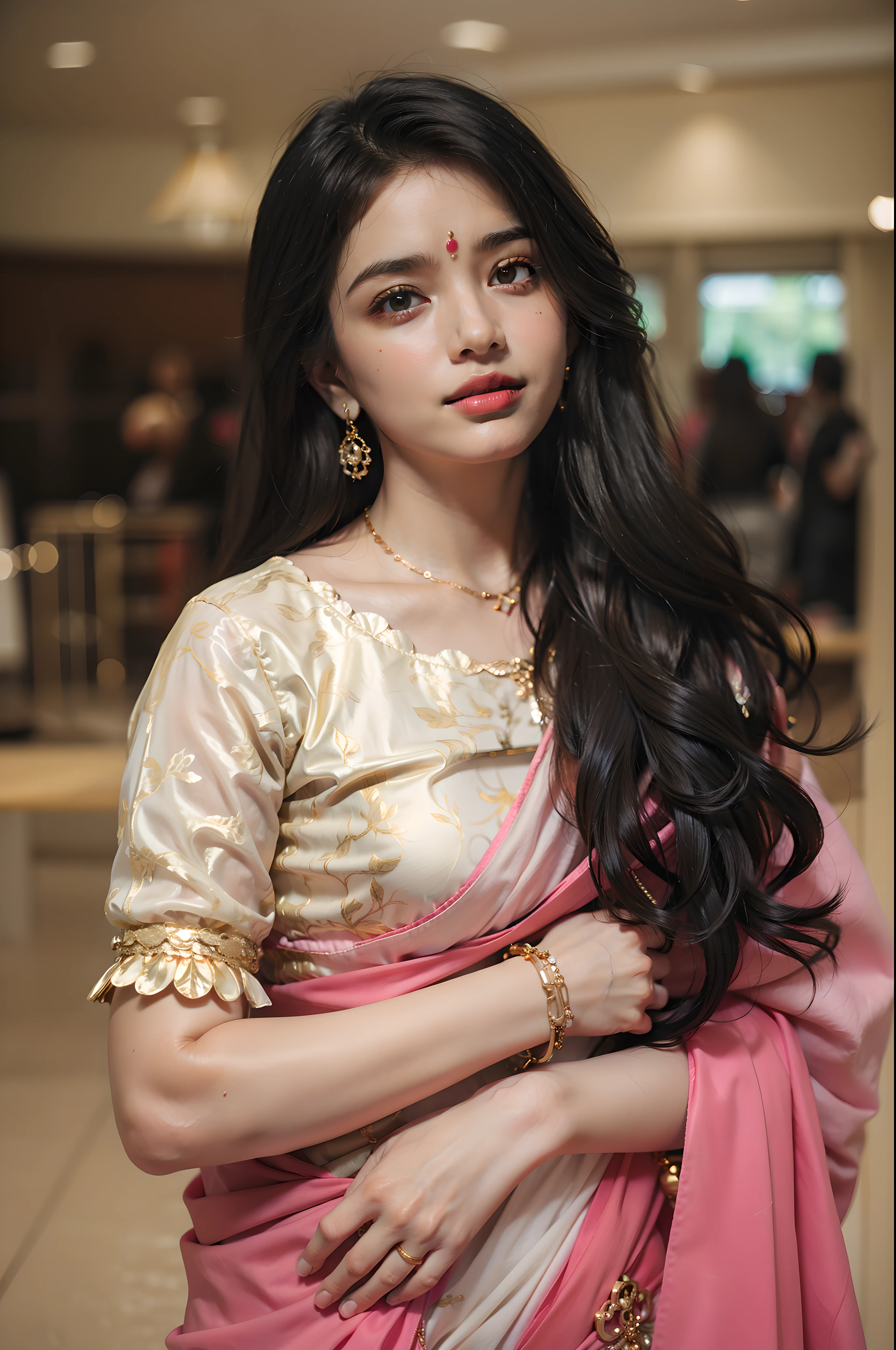 ((masterpiece)), (ultra detailed), ((realistic)), (better Quality), the camera. The woman is wearing a gold necklace, earrings and a gold bracelet. She is standing in a room with other people and is wearing a pink sari. Blurry background, Lighting Background, Soft Light,  8k smooth, clear facial features, realistic, photography