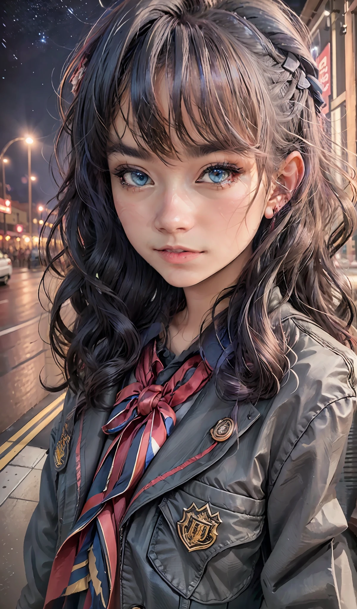 (extremely detailed CG portrait,masterpiece, best quality),(vibrant hair-colorful hair:1.2),(pretty school uniform),(beautiful eyes),(night view),(city lights),(dark background)