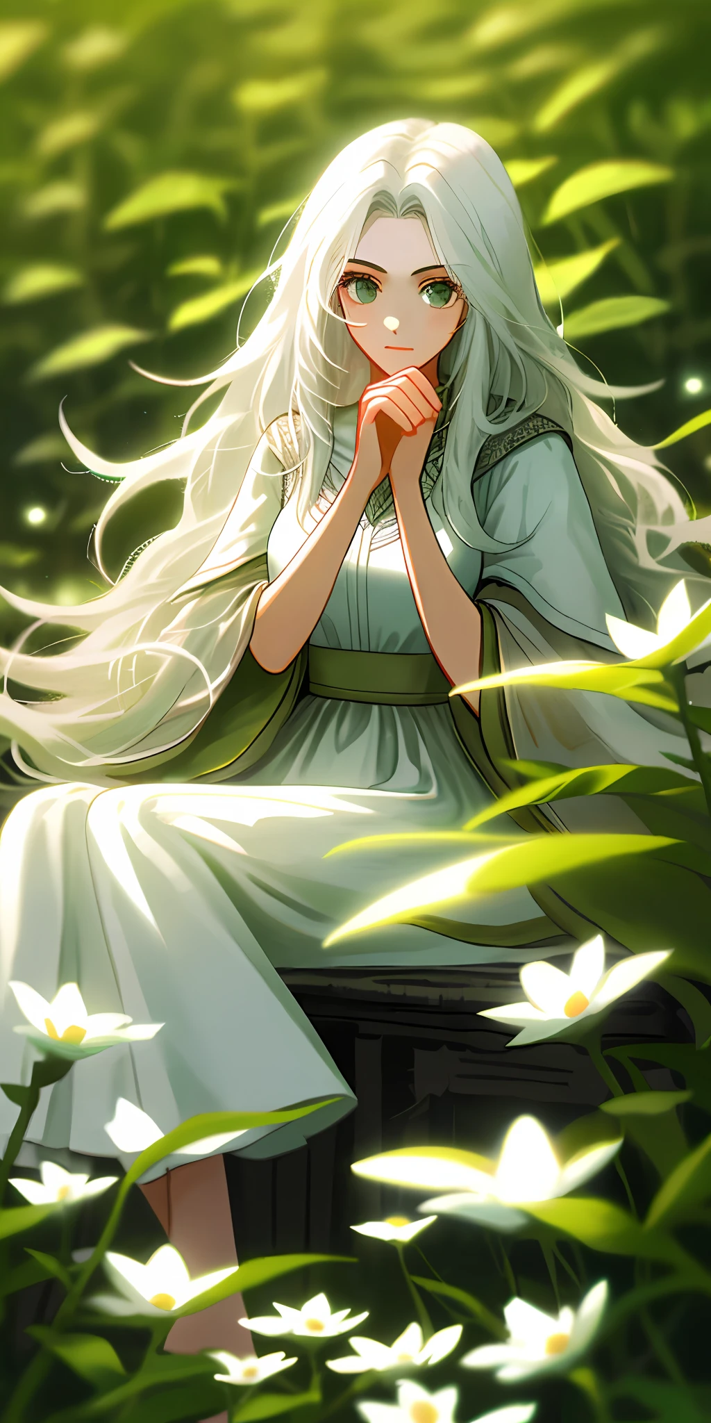 (masterpiece, best quality),1girl with long white hair sitting in a field of green plants and flowers, her hand under her chin, warm lighting, white dress, blurry foreground