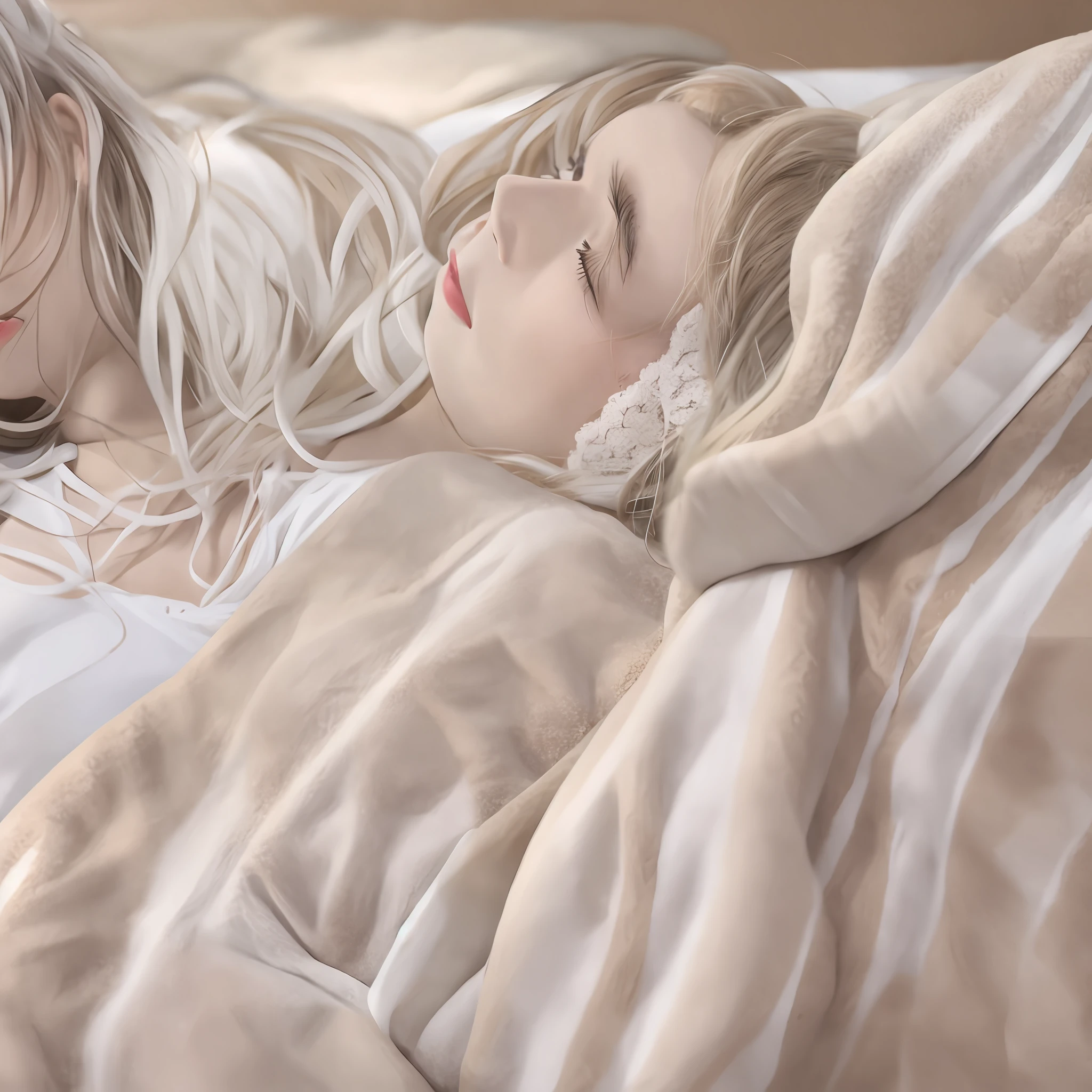 Lying on a white bed, a woman with very white skin