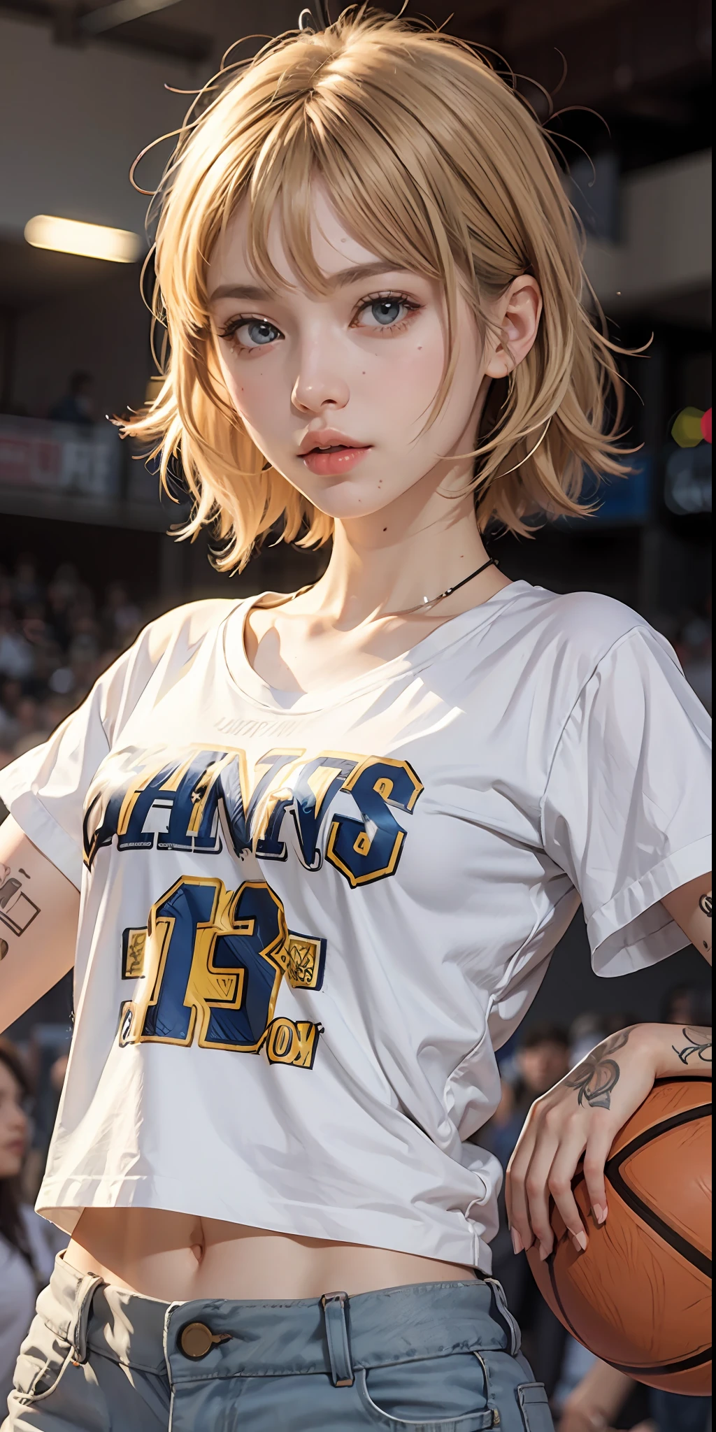 blonde anime girl, playing basketball, T-shirt number 13, with tattoos