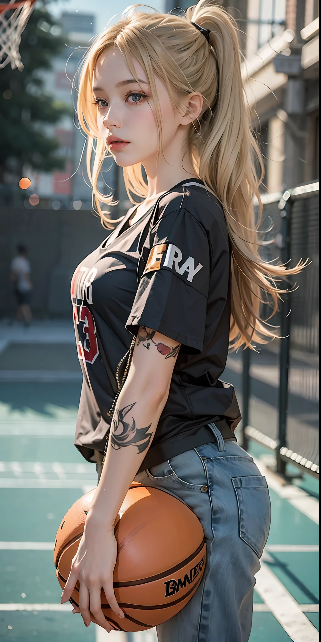 blonde anime girl, playing basketball, T-shirt number 13, with tattoos