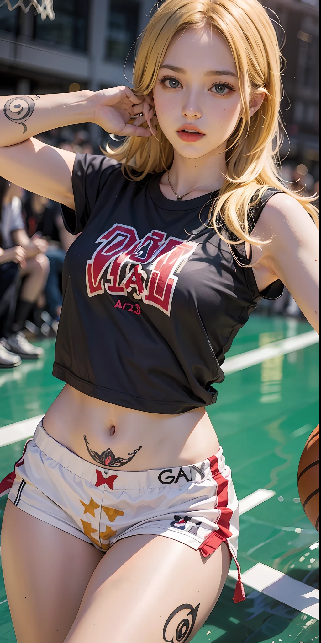 blonde anime girl, playing basketball, T-shirt number 13, with tattoos