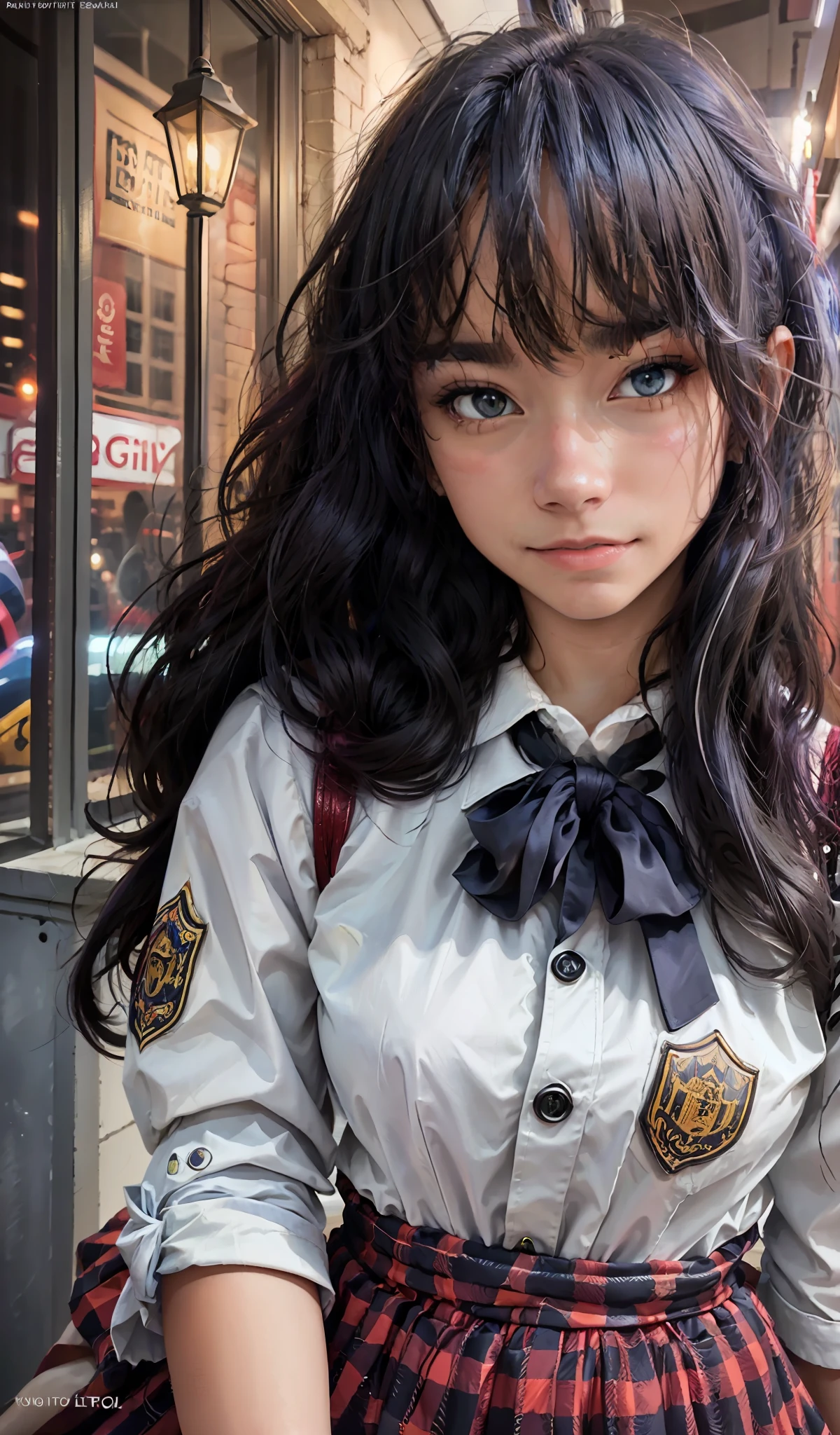 (extremely detailed CG portrait,masterpiece, best quality),(vibrant hair-colorful hair:1.2),(pretty school uniform),(beautiful eyes),(night view),(city lights),(dark background)