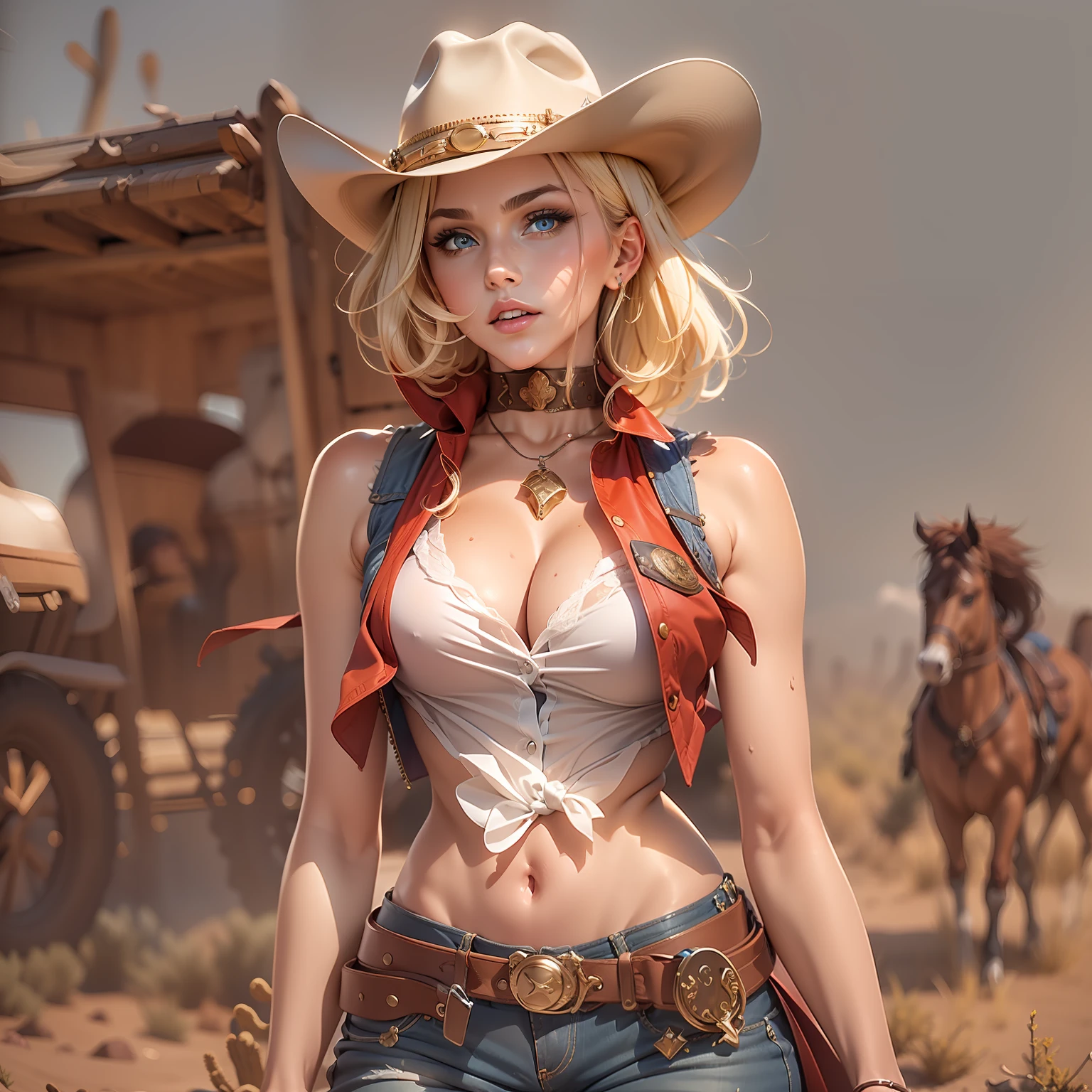 (masterpiece, best quality:1.4), absurdres, highres, ultra detailed, beautiful, 1girl, (cowboy, cowboy western, cowboy hat:1.4), (perfect face, detailed face, beautiful:1.3), (blue eyes, golden hair, bangs, hair intakes, short hair), (natural breasts, cleavage), collarbone, brown vest ,collared shirt, fingerless gloves, gloves, hat, navel, neckerchief, red neckerchief, revolver, short shorts, shorts, thick thighs, thighs, multiple belts, (desert:1.4),