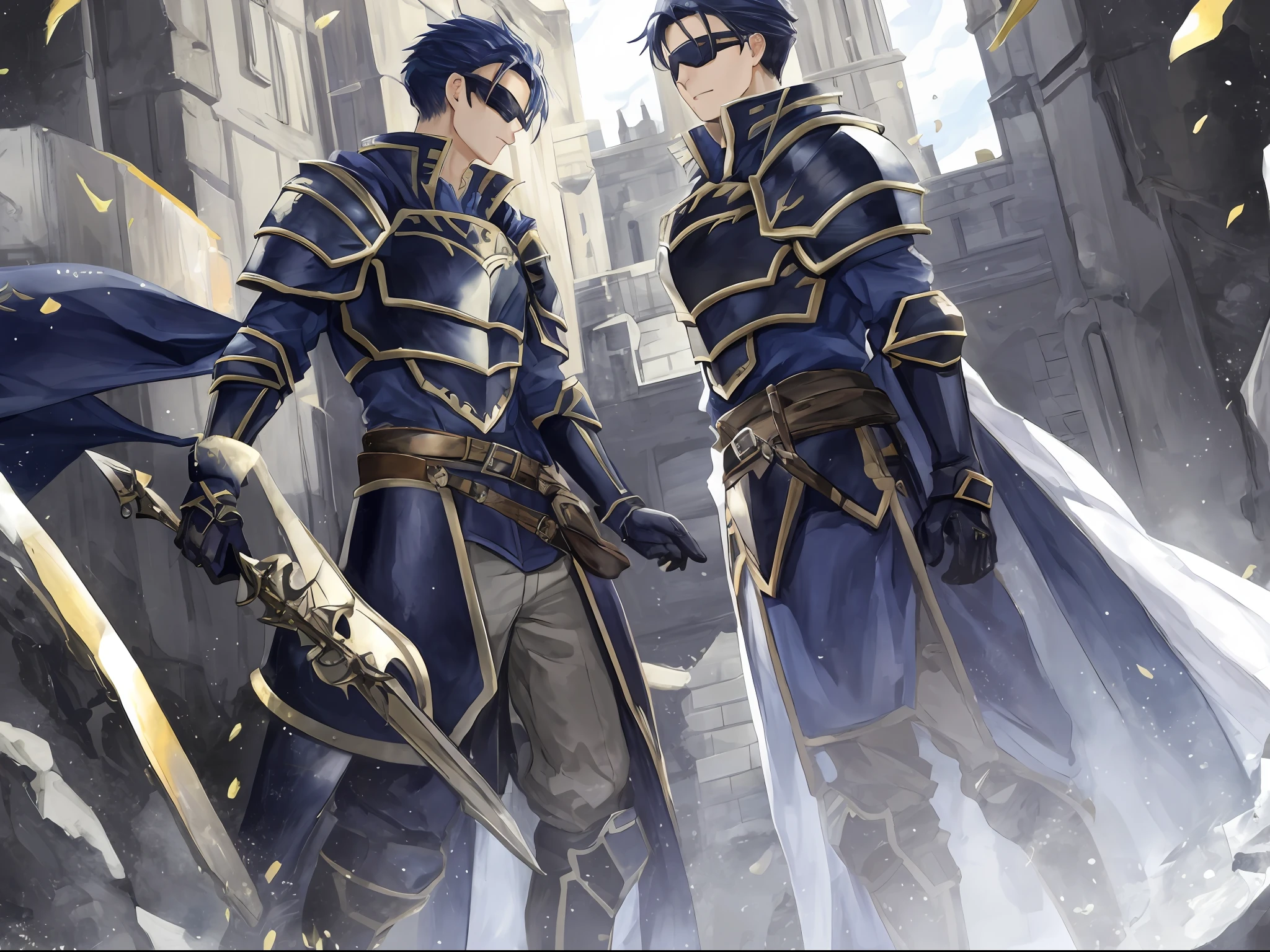 Hector Fey， 独奏， looking at viewert， Cladding，Blindfolds（Blindfolded）， mitts， 1boys， Male focus， cloaks， Armour， Shoulder armor， Castle view