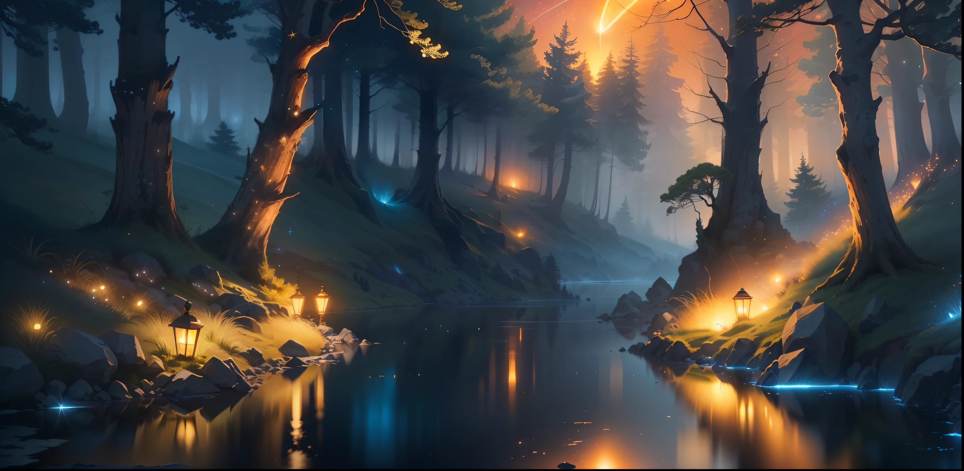 peaceful night,meteors,starrysky,lakes,Forest,8k,k hd