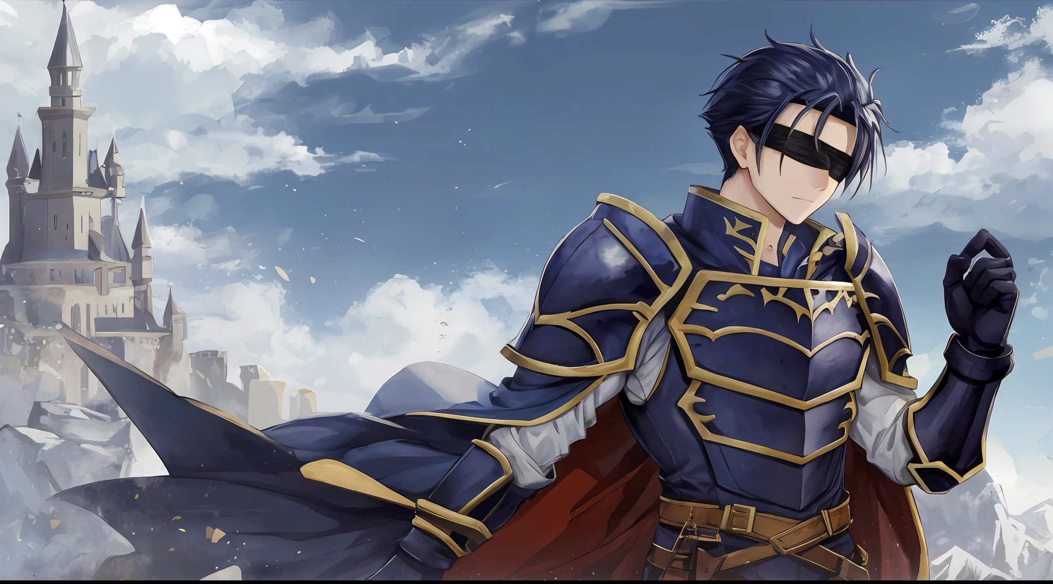 Hector Fey, 独奏, looking at viewert, Cladding,Blindfolds(Blindfolded), mitts, 1boys, Male focus, cloaks, Armour, Shoulder armor, Castle view