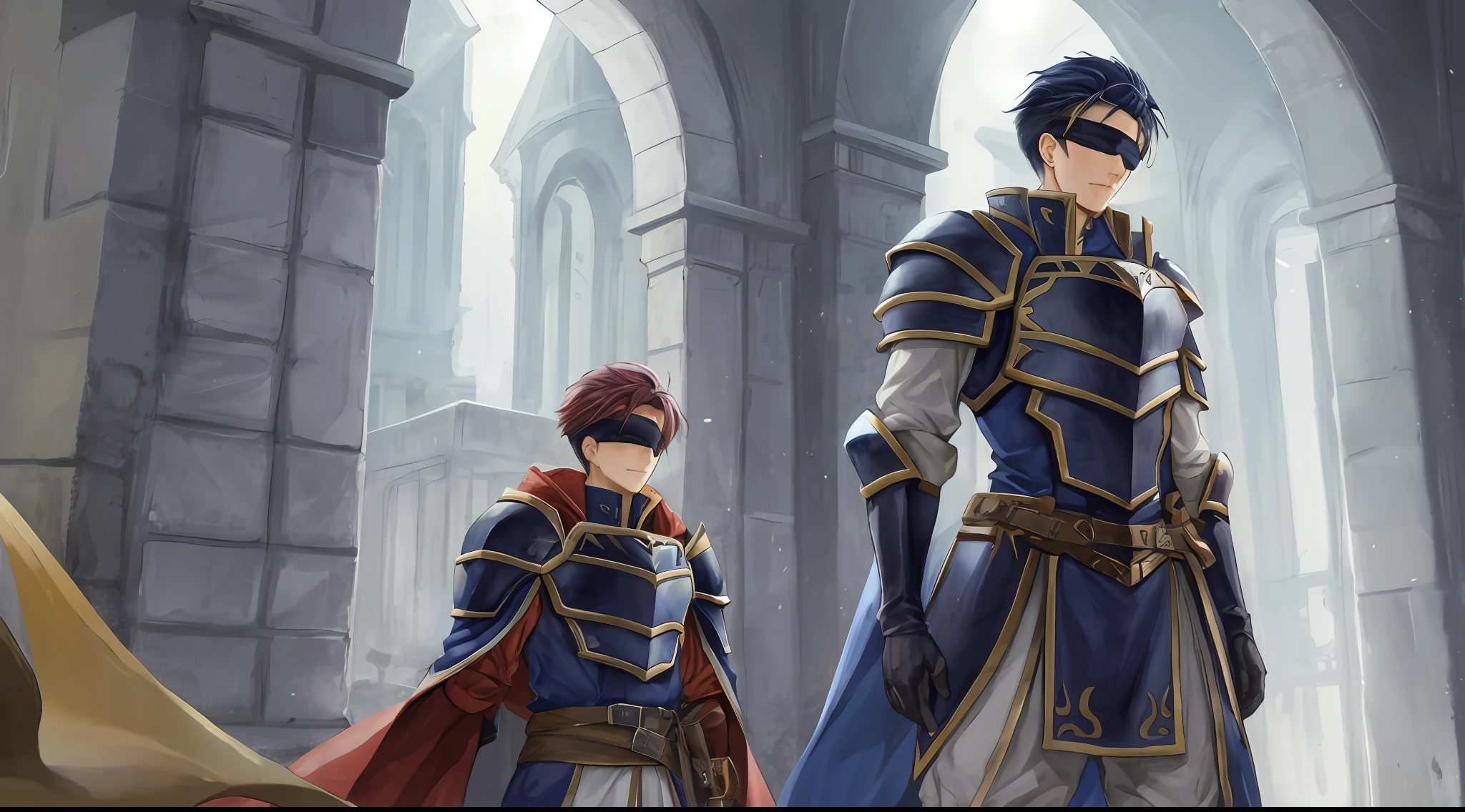 Hector Fey, 独奏, looking at viewert, Cladding,Blindfolds(Blindfolded), mitts, 1boys, Male focus, cloaks, Armour, Shoulder armor, Castle view