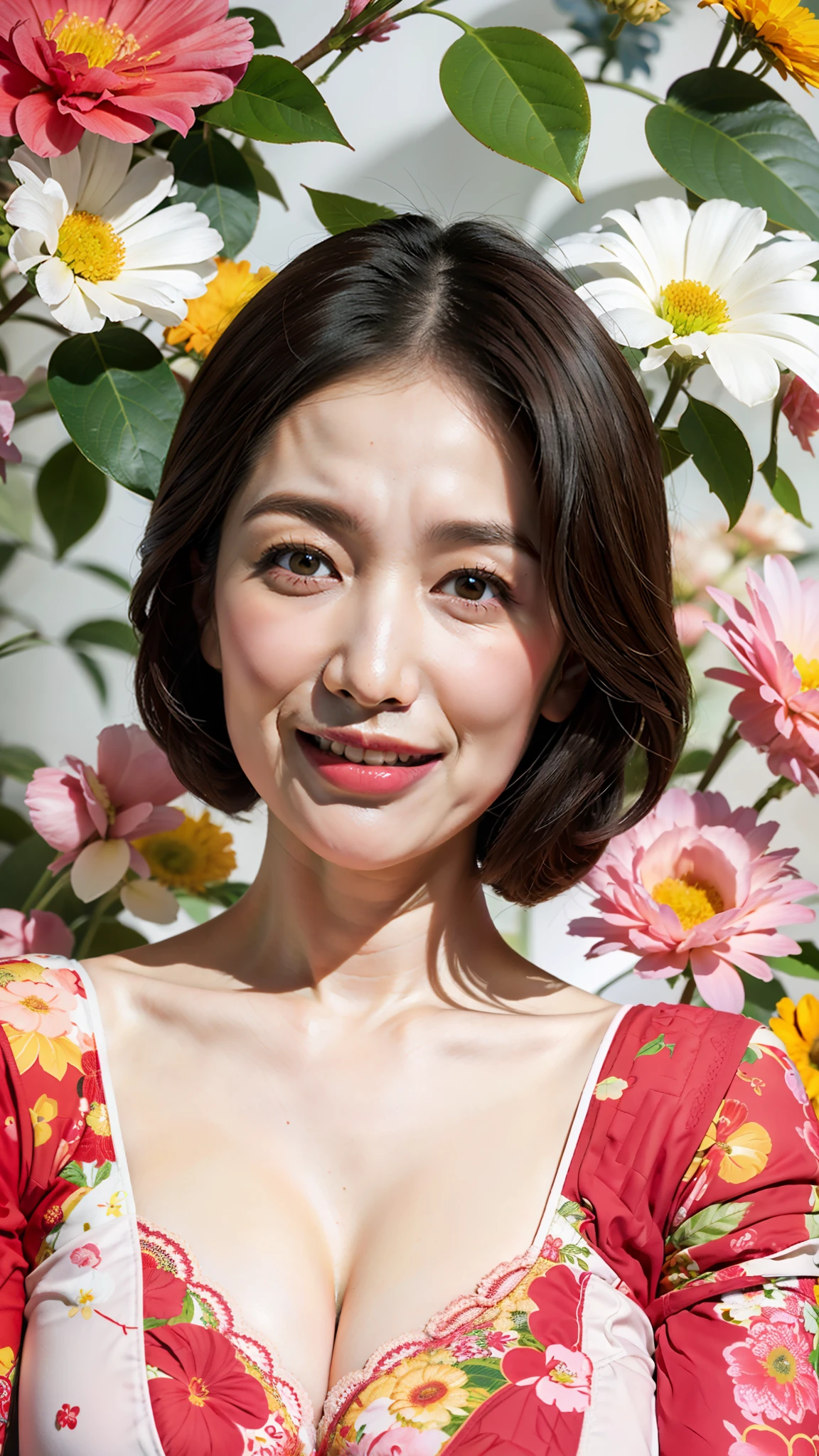 (flat-colors:0.9),(colourfull:1.1),(​masterpiece:1,2), top-quality, ​masterpiece, hight resolution, Original, (flat-colors:0.9),(colourfull:1.1),(​masterpiece:1,2), top-quality, ​masterpiece, hight resolution, Original, highly detailed wallpaper, Viewer's Perspective,Solo,portlate, ((A MILF))、57 years old、Mature Woman Body Set、Exposing breasts、showing teeth、Detailed tongue、Detailed mouth、Staring at this、Wrinkles at the corners of the eyes、Floral background、Illustration,