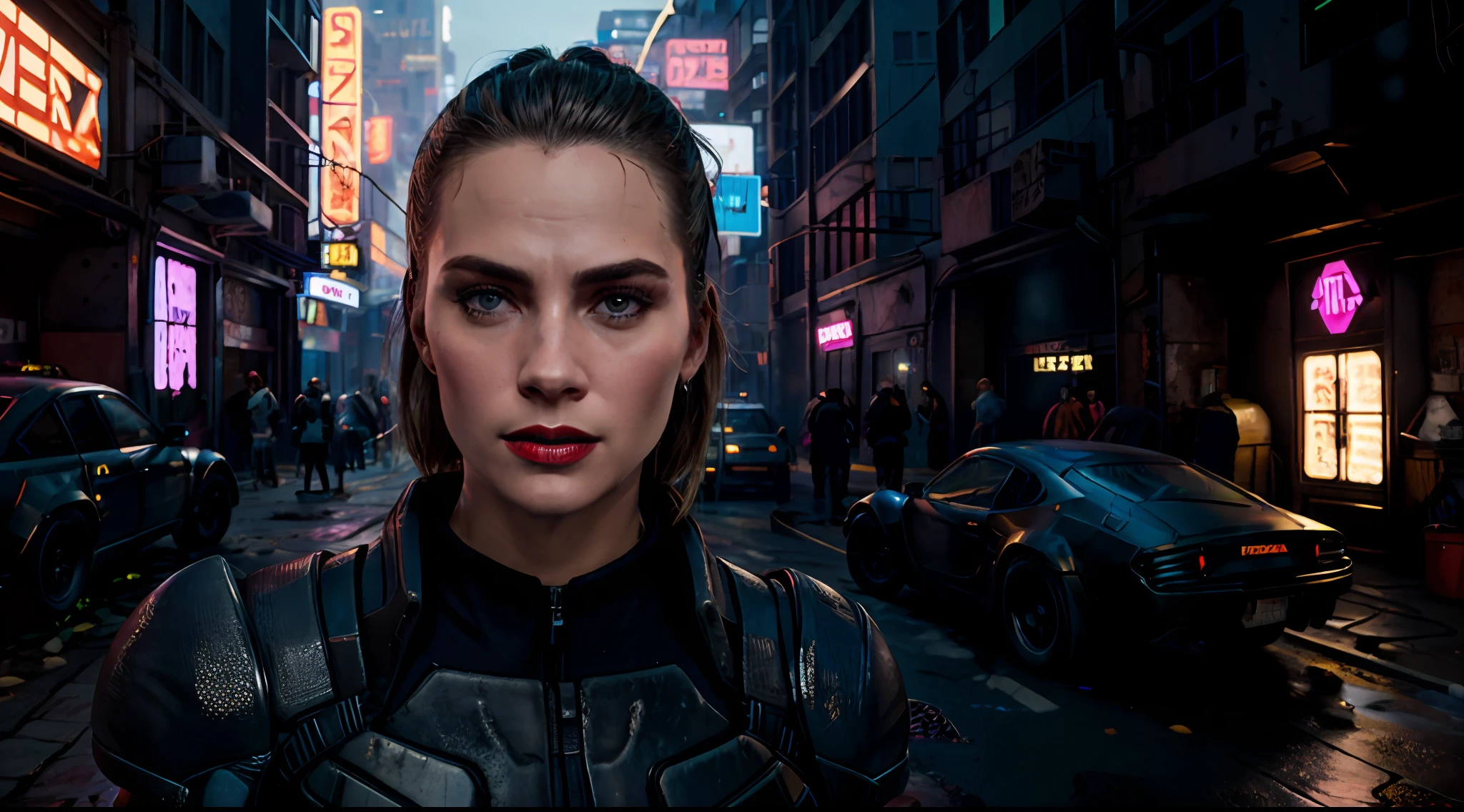 Close-up, uma supermodelo muito bonita, blonde, com quadris muito largos e cintura estreita, full lips, cintura pequena e quadris grandes, Red lipstick, com roupas cyberpunk em uma cidade cyberpunk movimentada com placas de neon, blade runner aesthetics, neon lights, foco nítido, Studio photo, detalhes intrincados, altamente detalhado, profundidade de campo, foco nítido, High detail, textura de pele realista, Realistic, fotorrealista, arte digital, pintura fosca, Directed by: Greg Rutkowski
