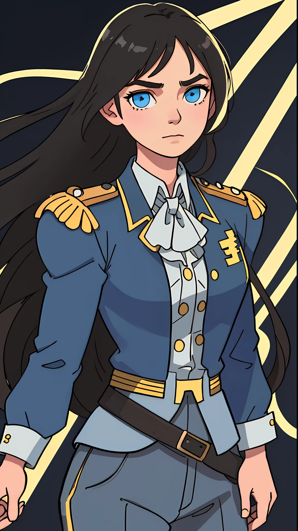 Ultra high quality Two-dimensional style, 2d painting, high definition resolution masterpiece, best quality, 1girl, solo, colorful, detailed, stunning woman, high detail, soft features, soft skin, Hamilton the Musical inspired, half body, long hair, soft dark brown hair, middle parted hair with loose strands, soft dark brown hair that is slightly pulled back and pinned out of her face in a simple way but her hair is still down, her hair goes down to her chest, soft blue eyes, 24 years old, young, wearing 1800s american revolutionary colonel uniform, tan pants, wearing an dark/navy blue military jacket, golden epaulettes on the shoulders, detailed face, mesmerizing beautiful perfect eyes, asian eyes, asian and caucasian descendant features, she looks determined, Soft lighting, detailed victorian background, DSLR, high quality, Fujifilm XT3, grain, vintage, award winning, (best quality:1.2) (detailed) (inticate) (8k) (HDR) (wallpaper) (cinematic lighting)